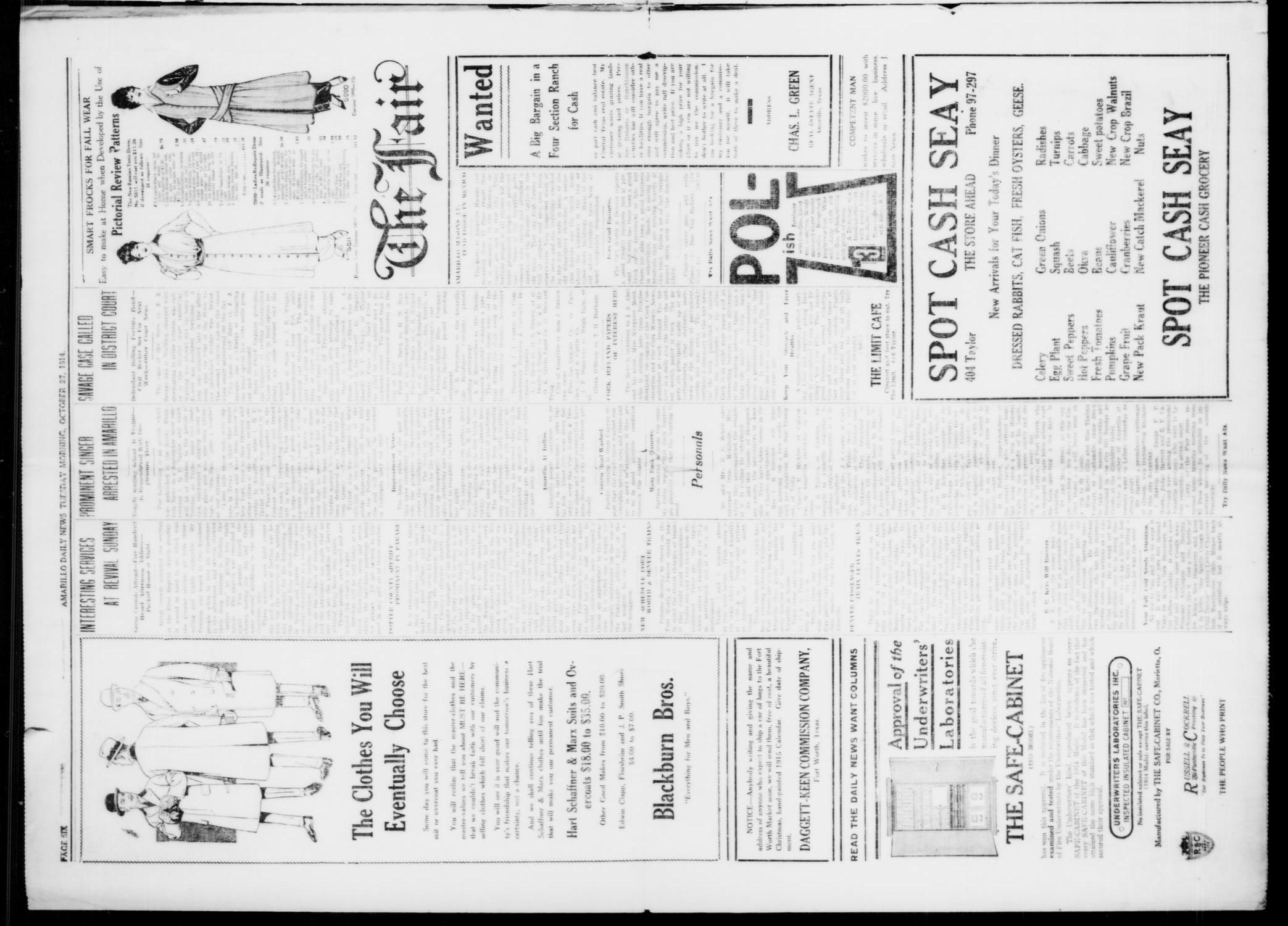 Amarillo Daily News (Amarillo, Tex.), Vol. 4, No. 310, Ed. 1 Tuesday, October 27, 1914
                                                
                                                    [Sequence #]: 6 of 6
                                                