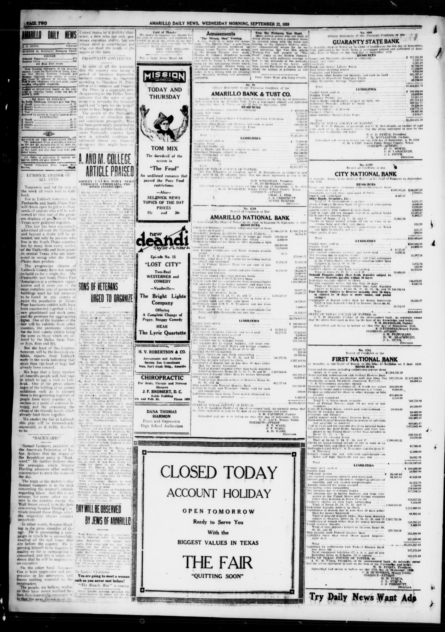 Amarillo Daily News (Amarillo, Tex.), Vol. 11, No. 278, Ed. 1 Wednesday, September 22, 1920
                                                
                                                    [Sequence #]: 2 of 8
                                                