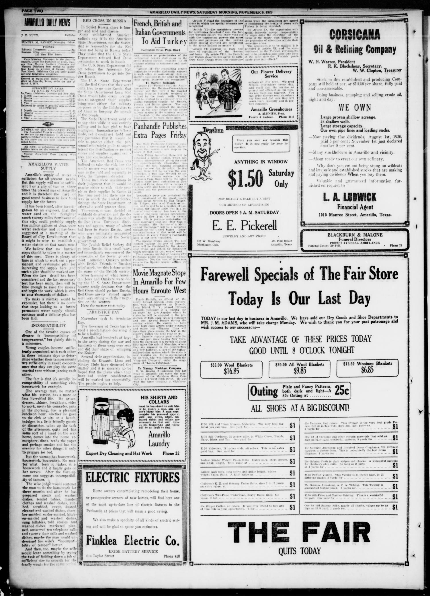Amarillo Daily News (Amarillo, Tex.), Vol. 11, No. 316, Ed. 1 Saturday, November 6, 1920
                                                
                                                    [Sequence #]: 2 of 10
                                                