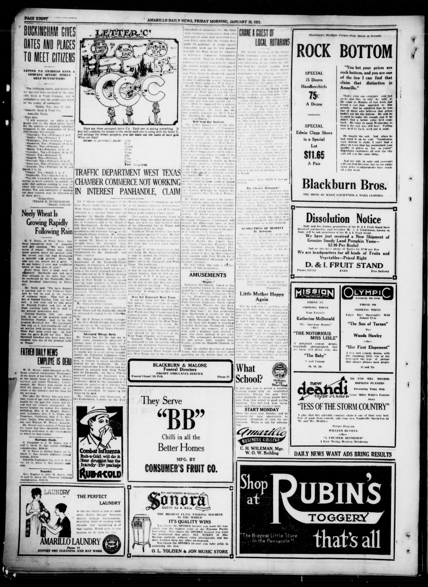 Amarillo Daily News (Amarillo, Tex.), Vol. 12, No. 21, Ed. 1 Friday, January 28, 1921
                                                
                                                    [Sequence #]: 8 of 8
                                                