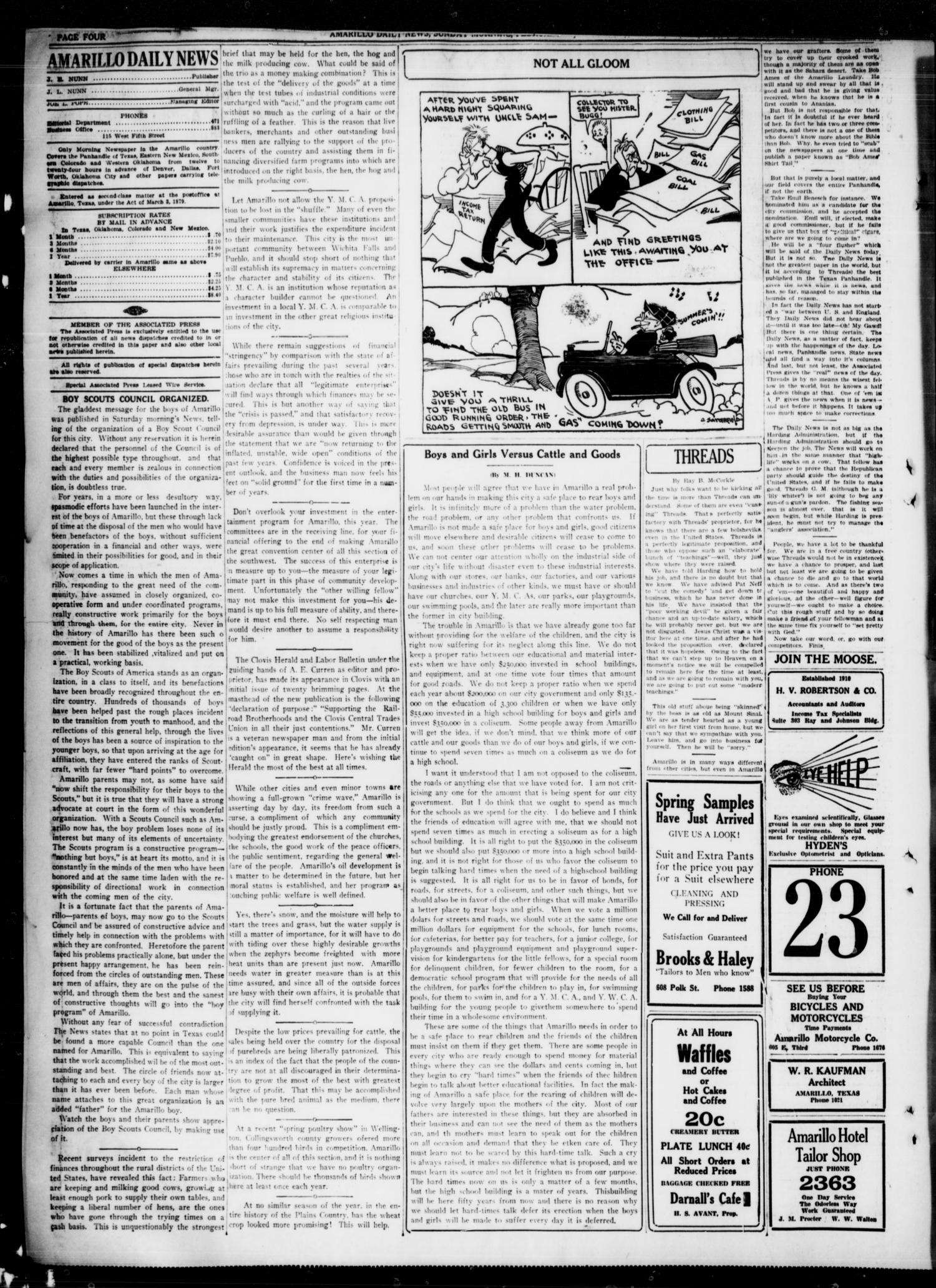 Amarillo Daily News (Amarillo, Tex.), Vol. 12, No. 40, Ed. 1 Sunday, February 20, 1921
                                                
                                                    [Sequence #]: 4 of 96
                                                