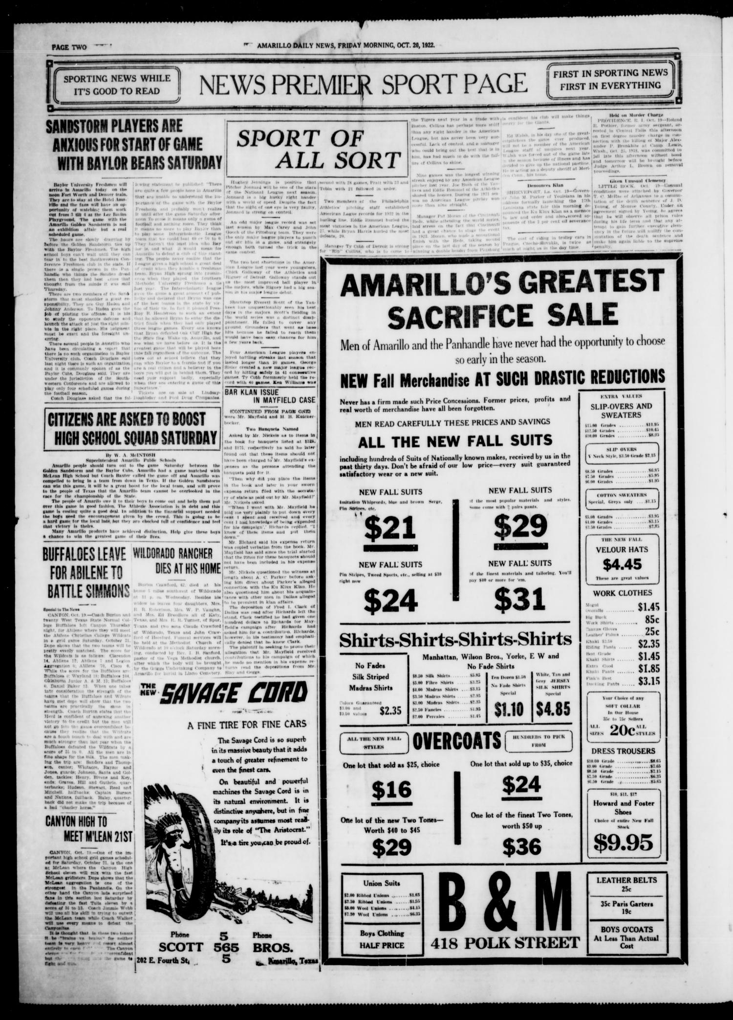 Amarillo Daily News (Amarillo, Tex.), Vol. 13, No. 312, Ed. 1 Friday, October 20, 1922
                                                
                                                    [Sequence #]: 2 of 4
                                                
