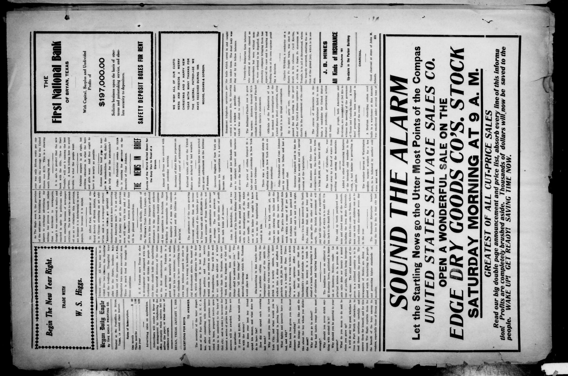 The Bryan Daily Eagle and Pilot (Bryan, Tex.), Vol. FIFTEENTH YEAR, No. 26, Ed. 1 Friday, January 7, 1910
                                                
                                                    [Sequence #]: 4 of 6
                                                