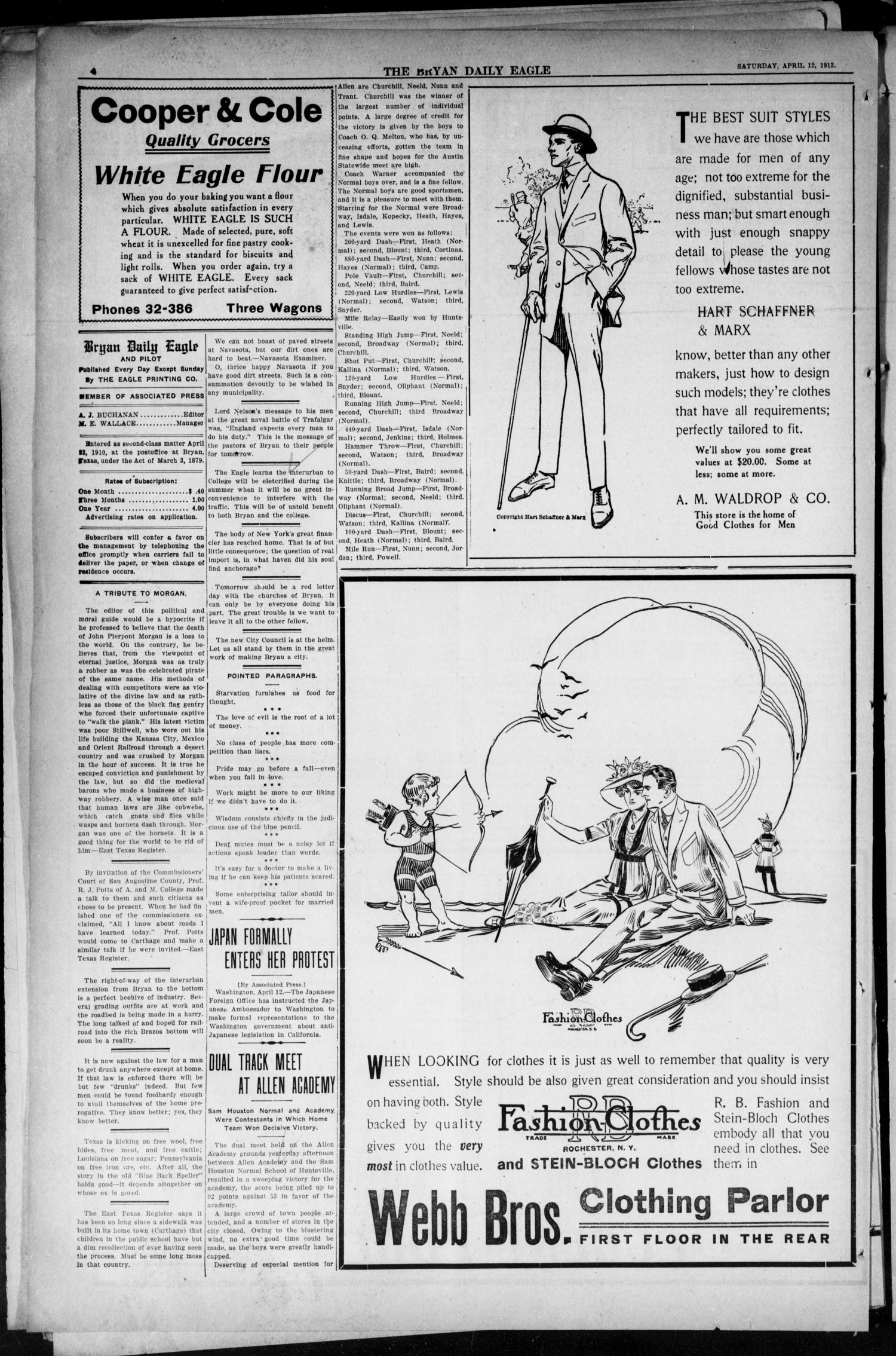 The Bryan Daily Eagle and Pilot (Bryan, Tex.), Vol. 18, No. 120, Ed. 1 Saturday, April 12, 1913
                                                
                                                    [Sequence #]: 4 of 8
                                                
