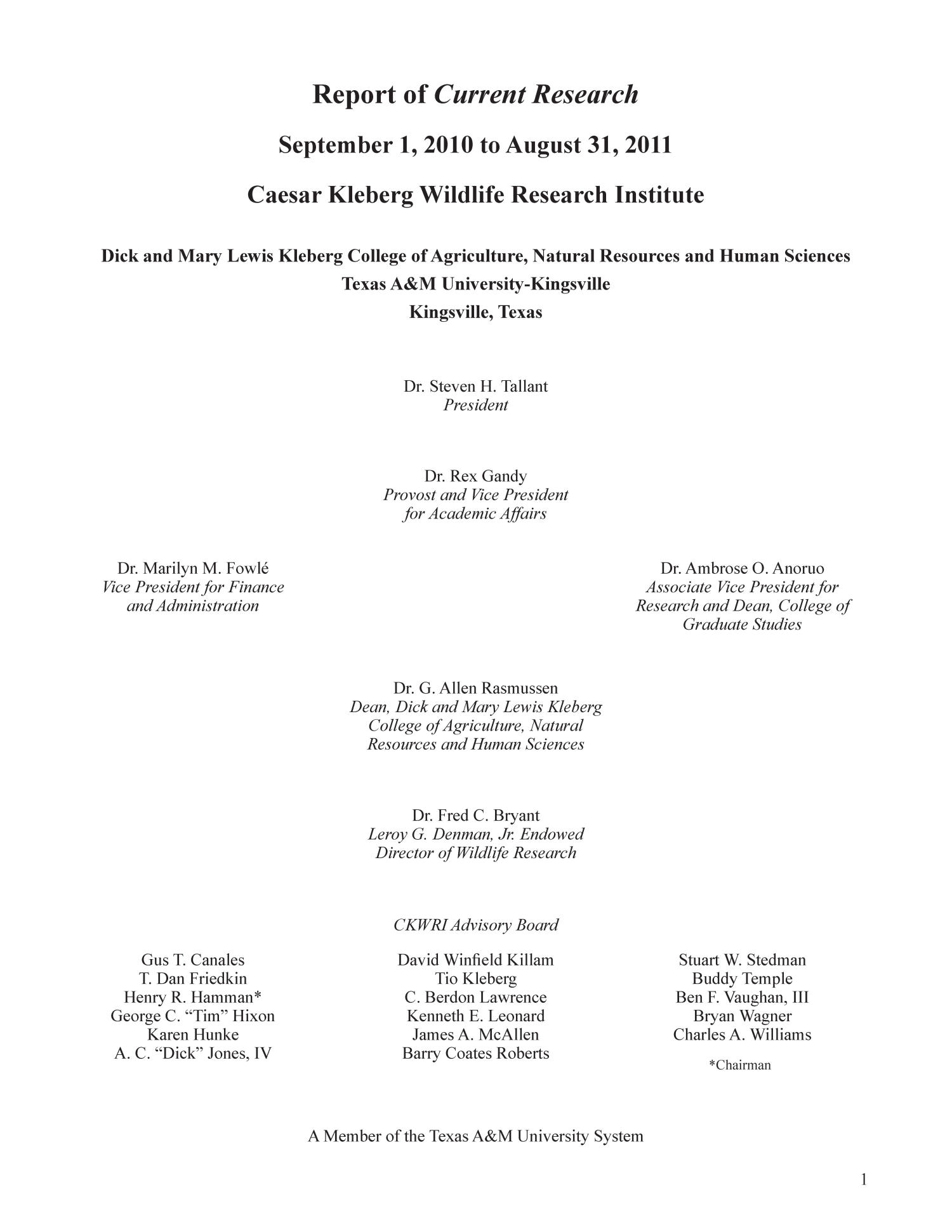 Caesar Kleberg Wildlife Research Institute Report of Current Research: 2011
                                                
                                                    Title Page
                                                