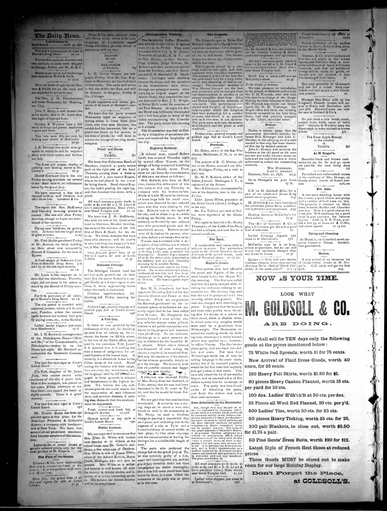 Denison Daily News. (Denison, Tex.), Vol. 6, No. 235, Ed. 1 Saturday, November 23, 1878
                                                
                                                    [Sequence #]: 4 of 4
                                                