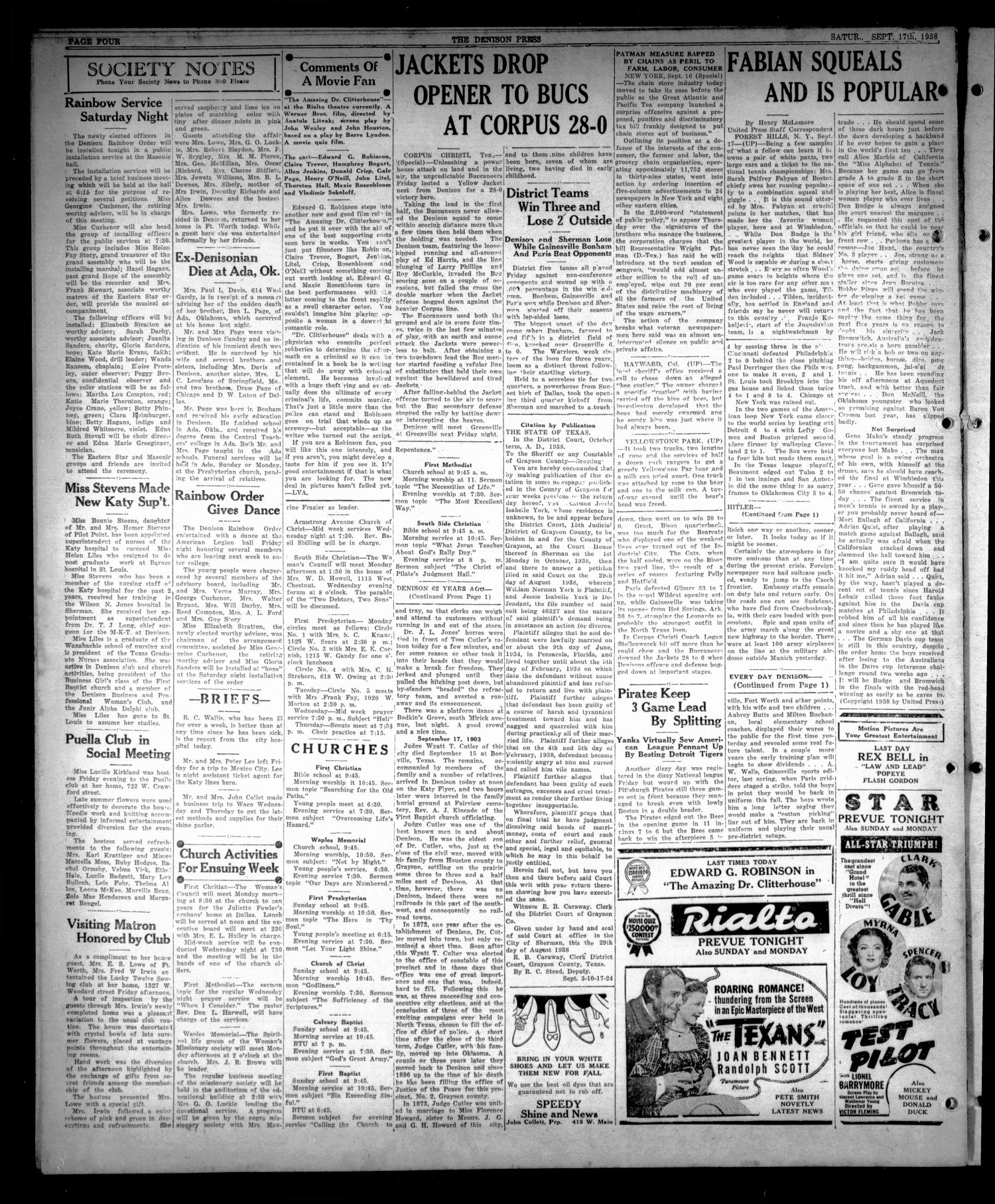 The Denison Press (Denison, Tex.), Vol. 5, No. 64, Ed. 1 Saturday, September 17, 1938
                                                
                                                    [Sequence #]: 4 of 4
                                                