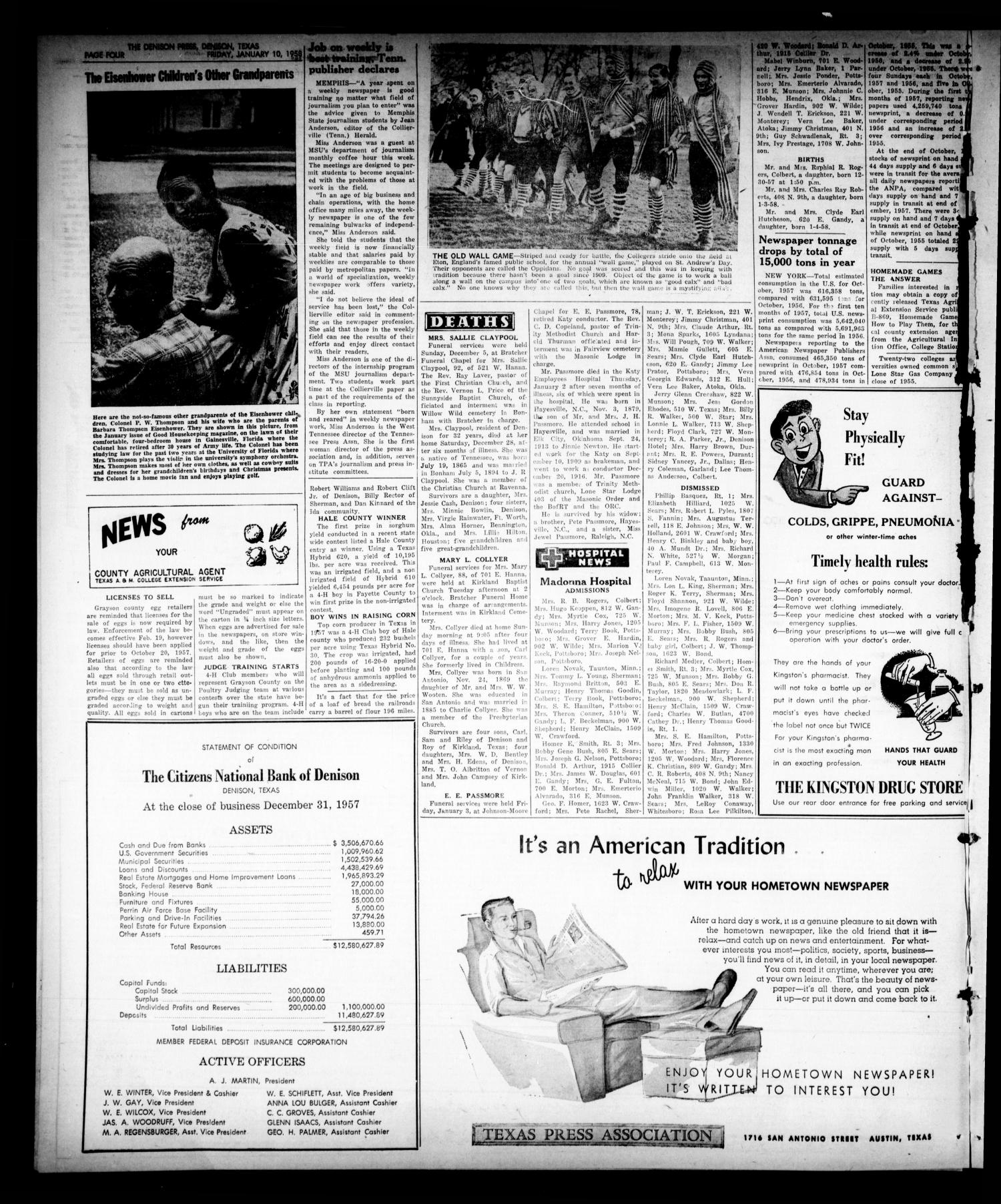 The Denison Press (Denison, Tex.), Vol. 29, No. 29, Ed. 1 Friday, January 10, 1958
                                                
                                                    [Sequence #]: 4 of 6
                                                