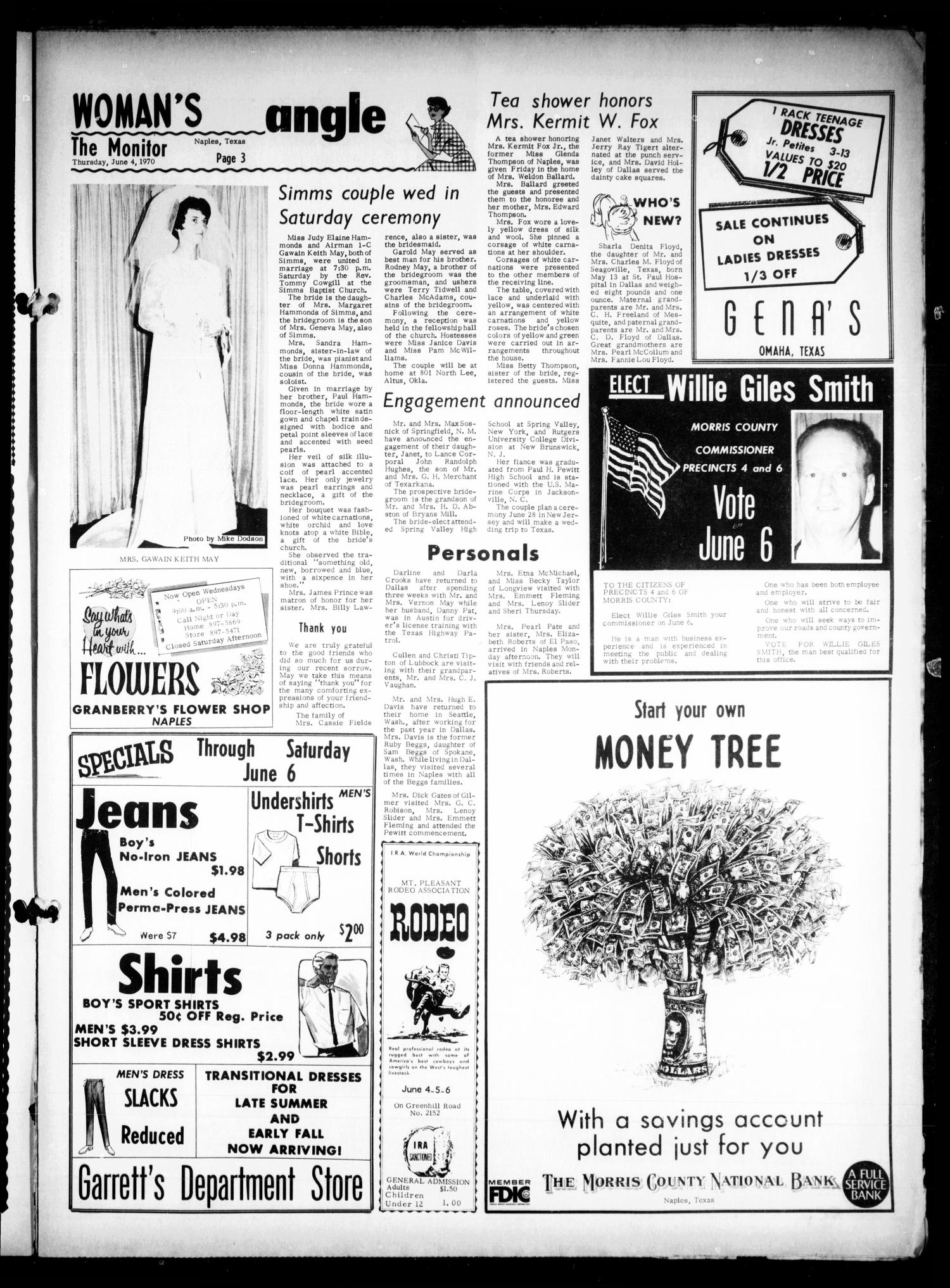 The Naples Monitor (Naples, Tex.), Vol. 83, No. 43, Ed. 1 Thursday, June 4, 1970
                                                
                                                    [Sequence #]: 3 of 8
                                                