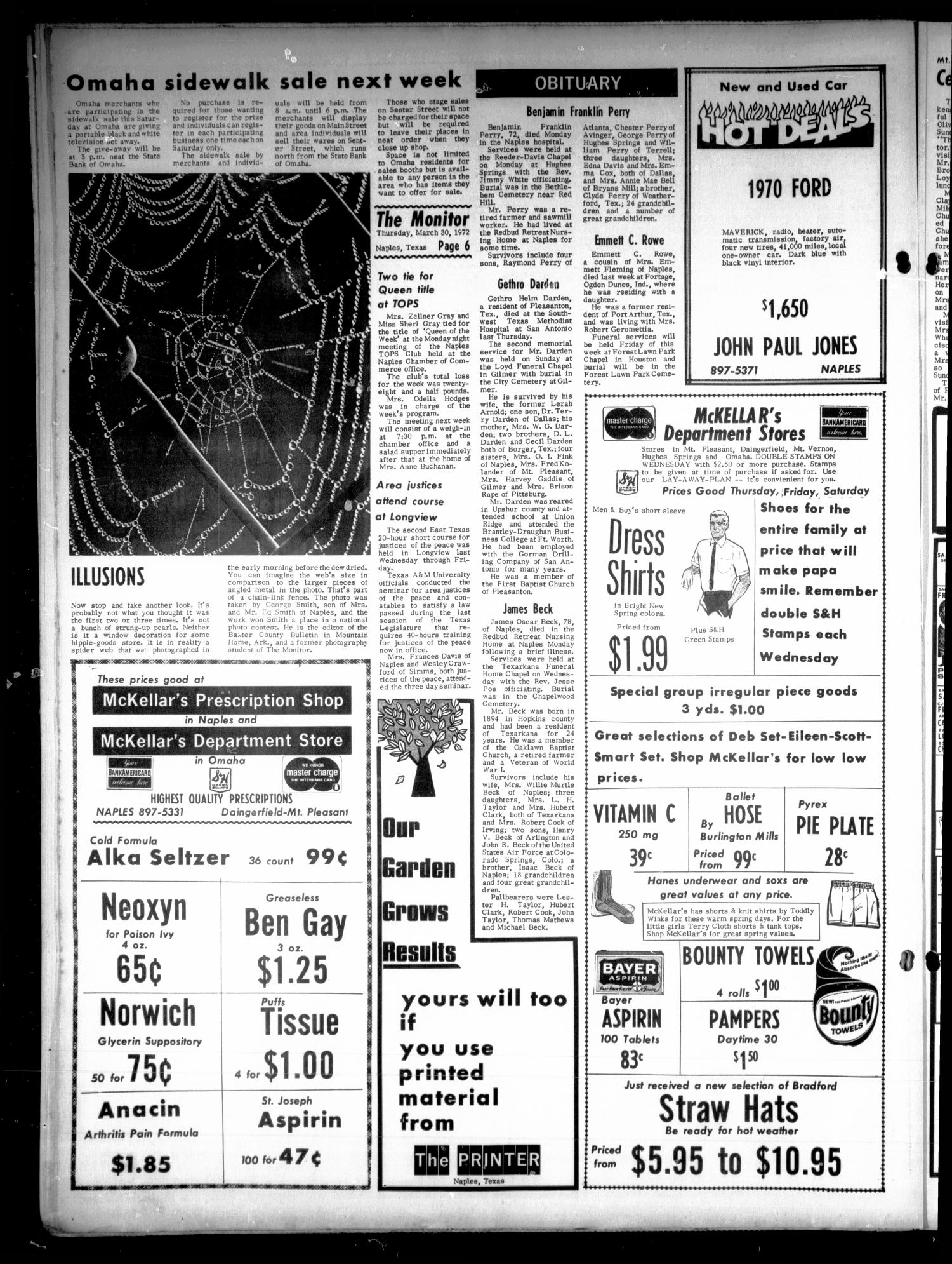 The Naples Monitor (Naples, Tex.), Vol. 85, No. 32, Ed. 1 Thursday, March 30, 1972
                                                
                                                    [Sequence #]: 6 of 10
                                                