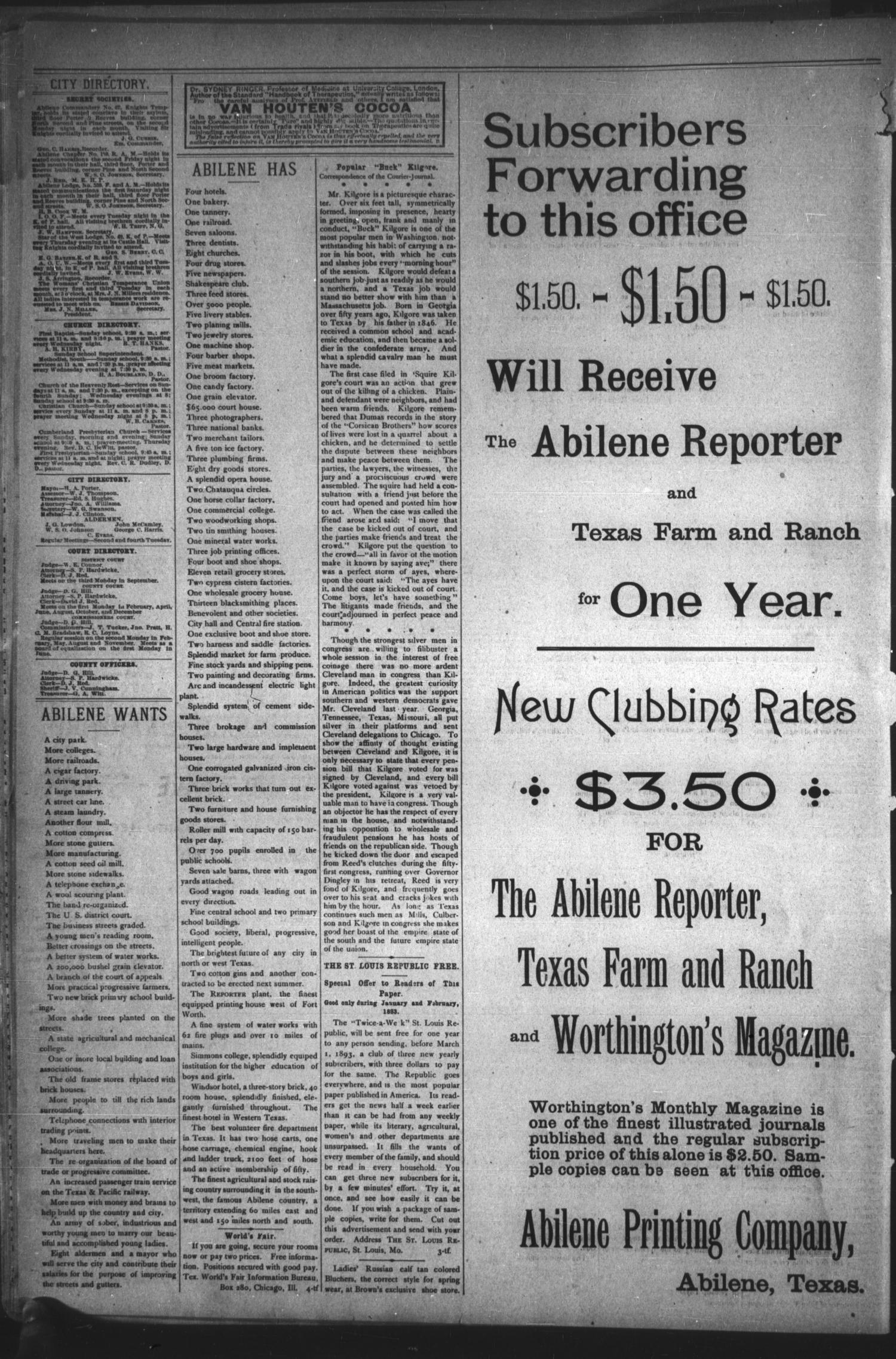 The Abilene Reporter. (Abilene, Tex.), Vol. 12, No. 7, Ed. 1 Friday, February 17, 1893
                                                
                                                    [Sequence #]: 2 of 8
                                                
