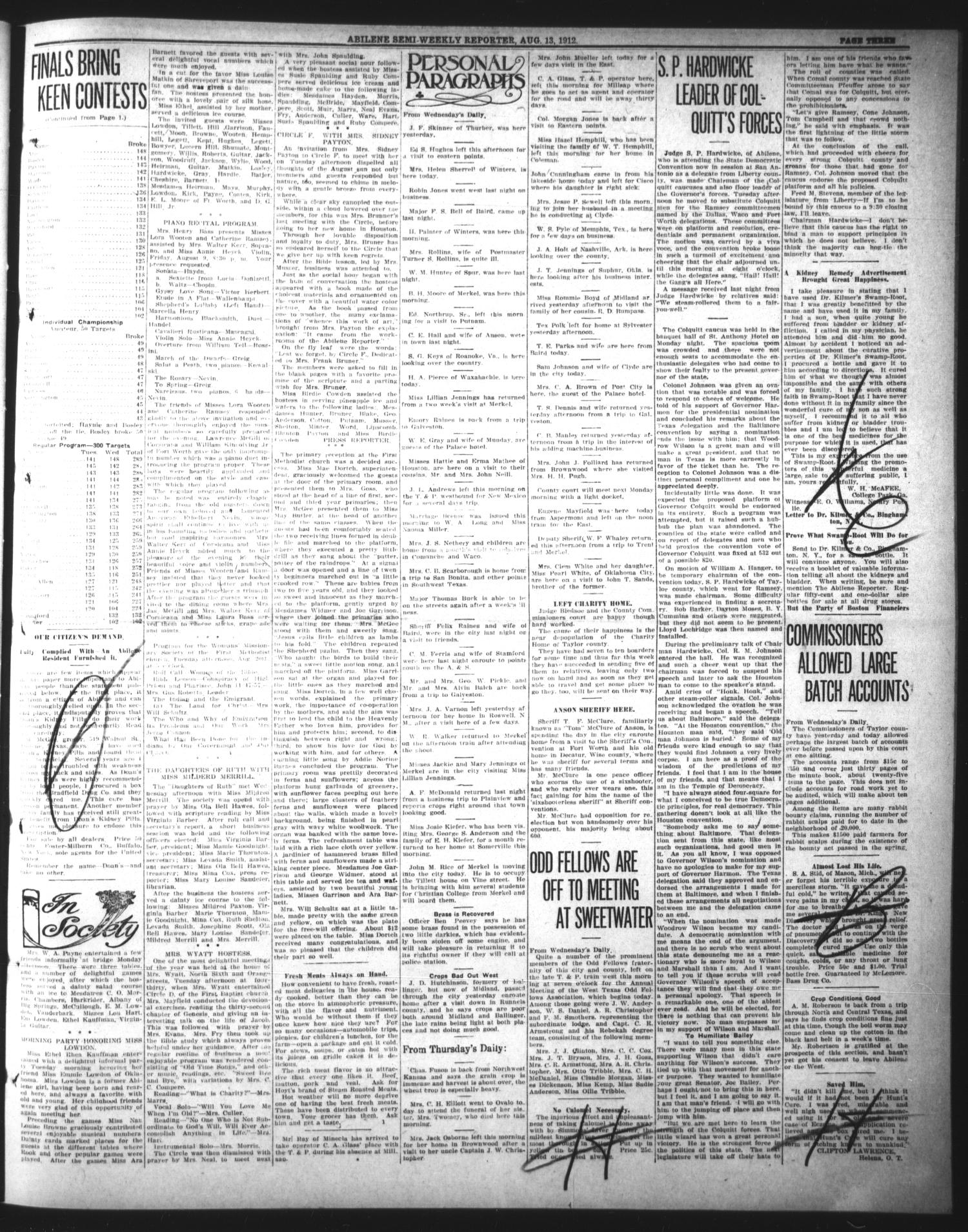 The Abilene Semi-Weekly Reporter (Abilene, Tex.), Vol. 31, No. 60, Ed. 1 Friday, August 16, 1912
                                                
                                                    [Sequence #]: 3 of 8
                                                