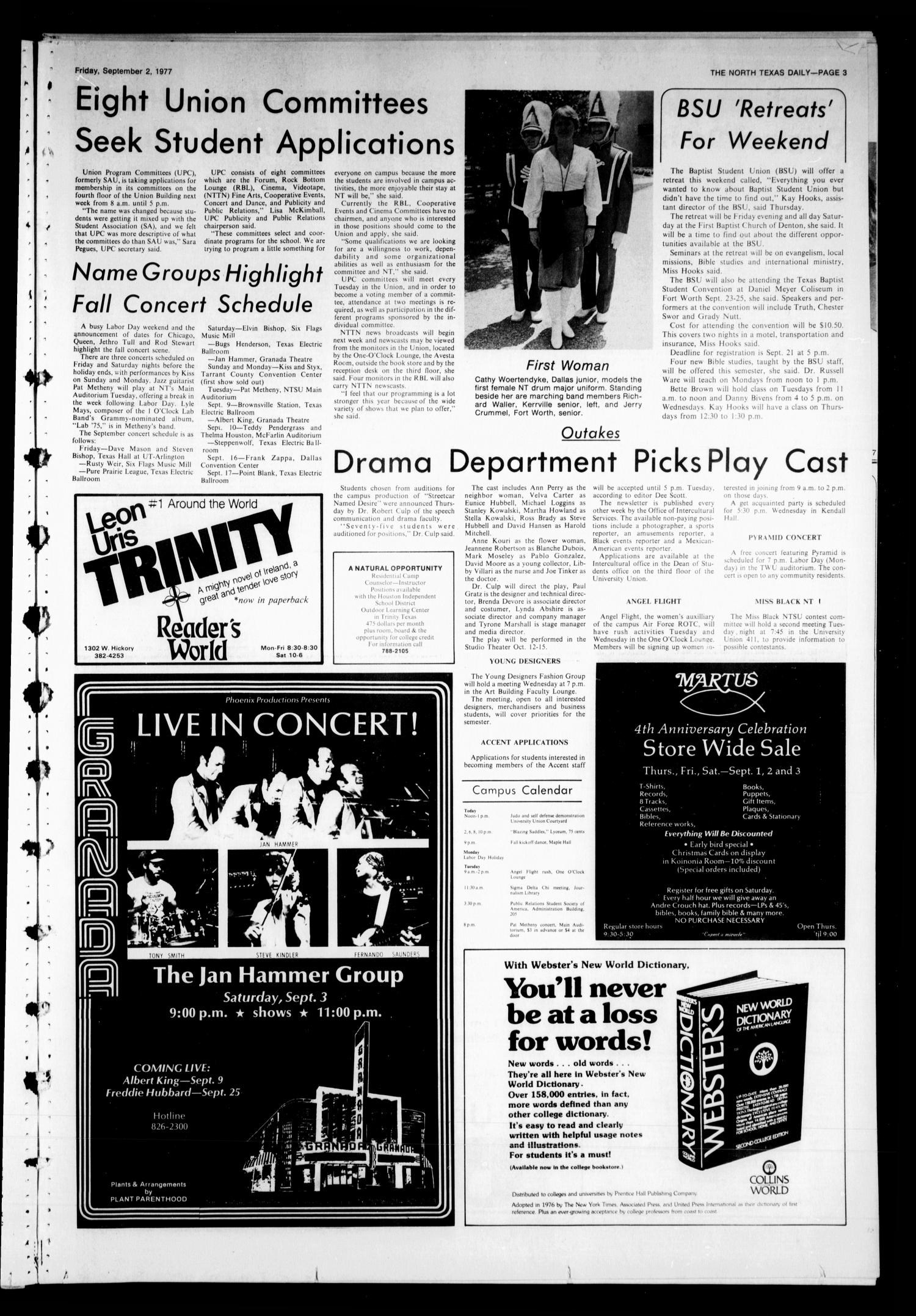 The North Texas Daily (Denton, Tex.), Vol. 61, No. 4, Ed. 1 Friday, September 2, 1977
                                                
                                                    [Sequence #]: 3 of 6
                                                