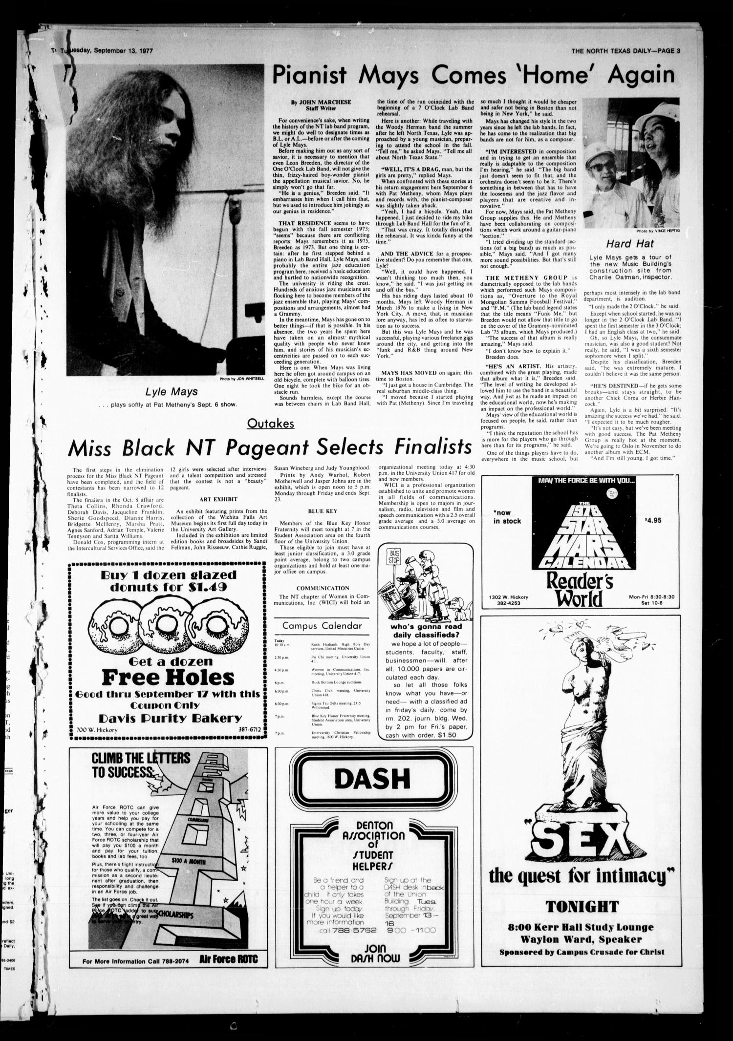 The North Texas Daily (Denton, Tex.), Vol. 61, No. 8, Ed. 1 Tuesday, September 13, 1977
                                                
                                                    [Sequence #]: 3 of 6
                                                