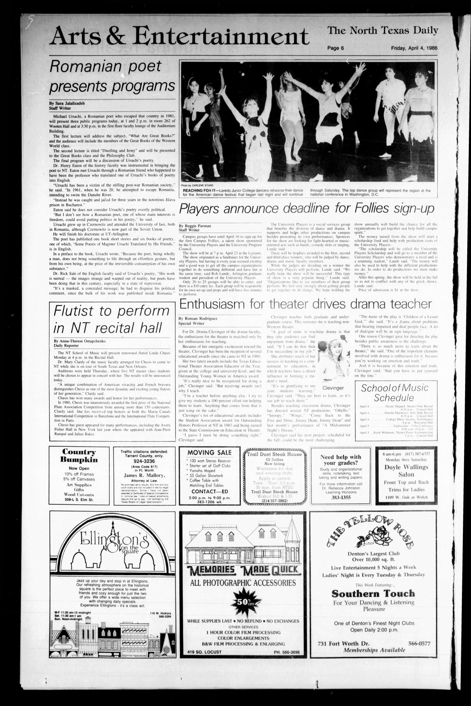The North Texas Daily (Denton, Tex.), Vol. 69, No. 93, Ed. 1 Friday, April 4, 1986
                                                
                                                    [Sequence #]: 6 of 12
                                                
