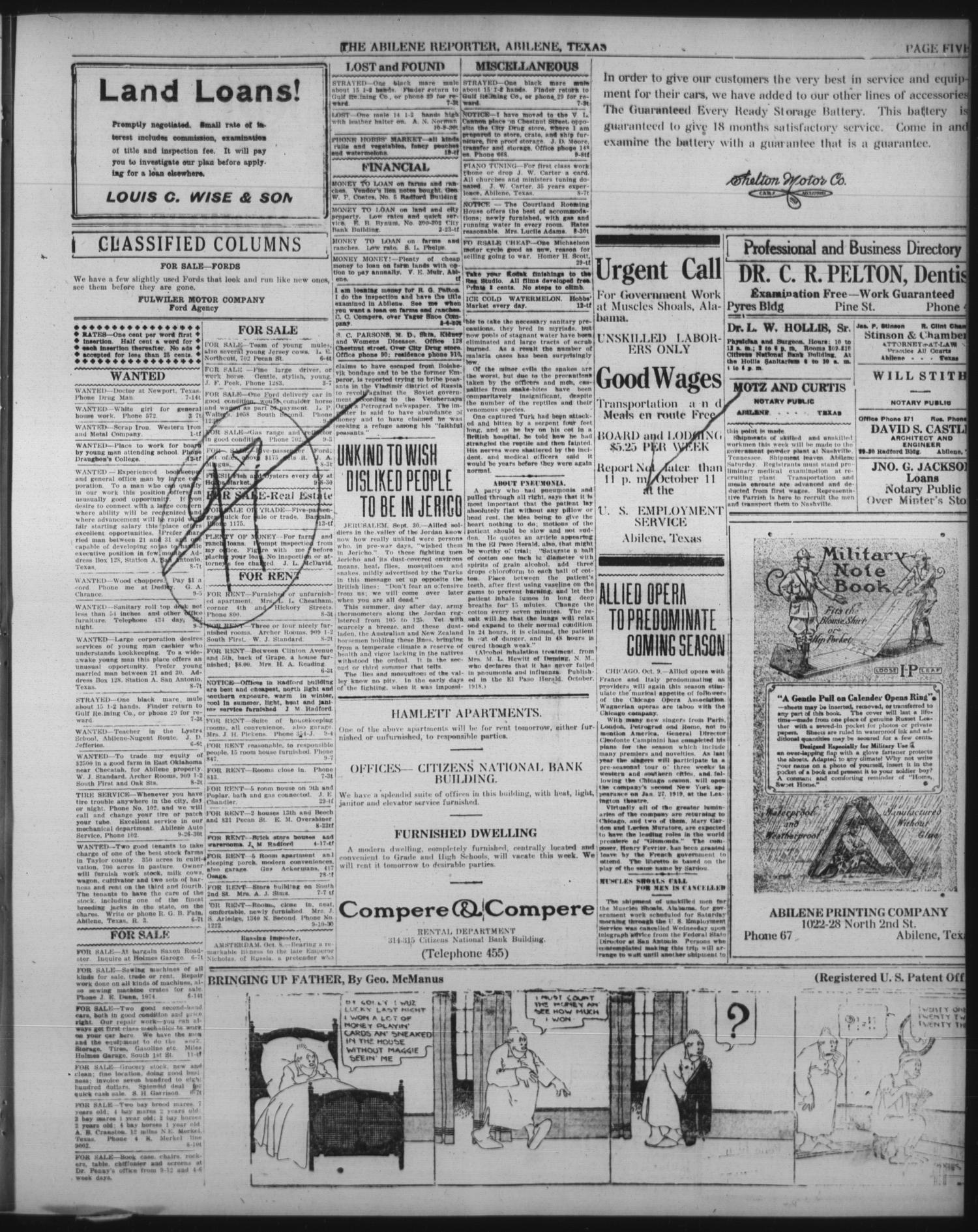 The Abilene Daily Reporter (Abilene, Tex.), Vol. 21, No. 171, Ed. 1 Wednesday, October 9, 1918
                                                
                                                    [Sequence #]: 5 of 6
                                                