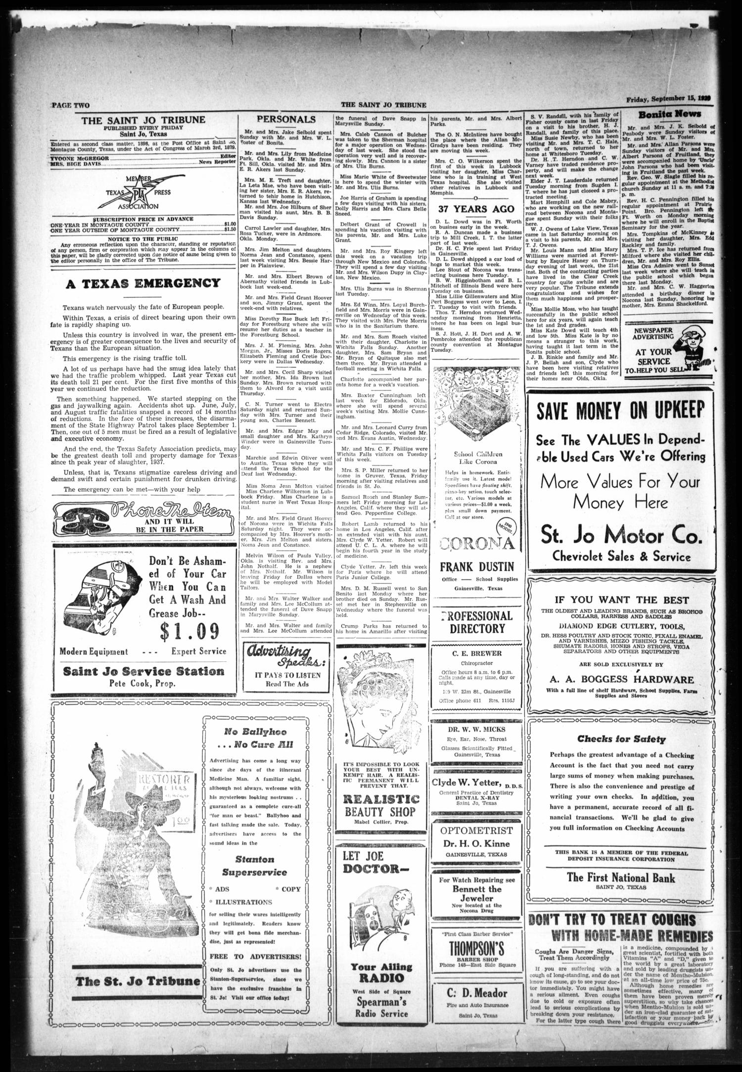 The Saint Jo Tribune (Saint Jo, Tex.), Vol. 42, No. 17, Ed. 1 Friday, September 15, 1939
                                                
                                                    [Sequence #]: 2 of 4
                                                