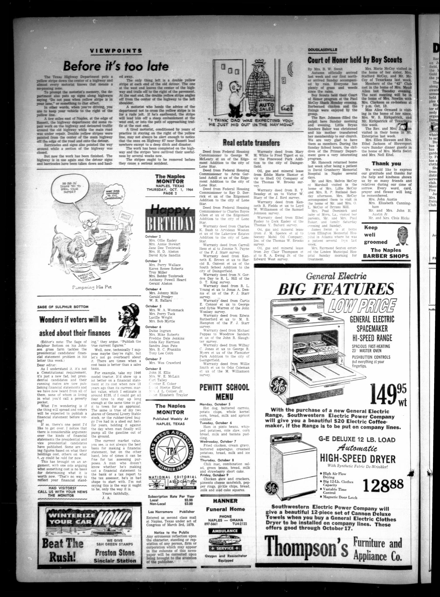 The Naples Monitor (Naples, Tex.), Vol. 79, No. 11, Ed. 1 Thursday, October 1, 1964
                                                
                                                    [Sequence #]: 2 of 8
                                                