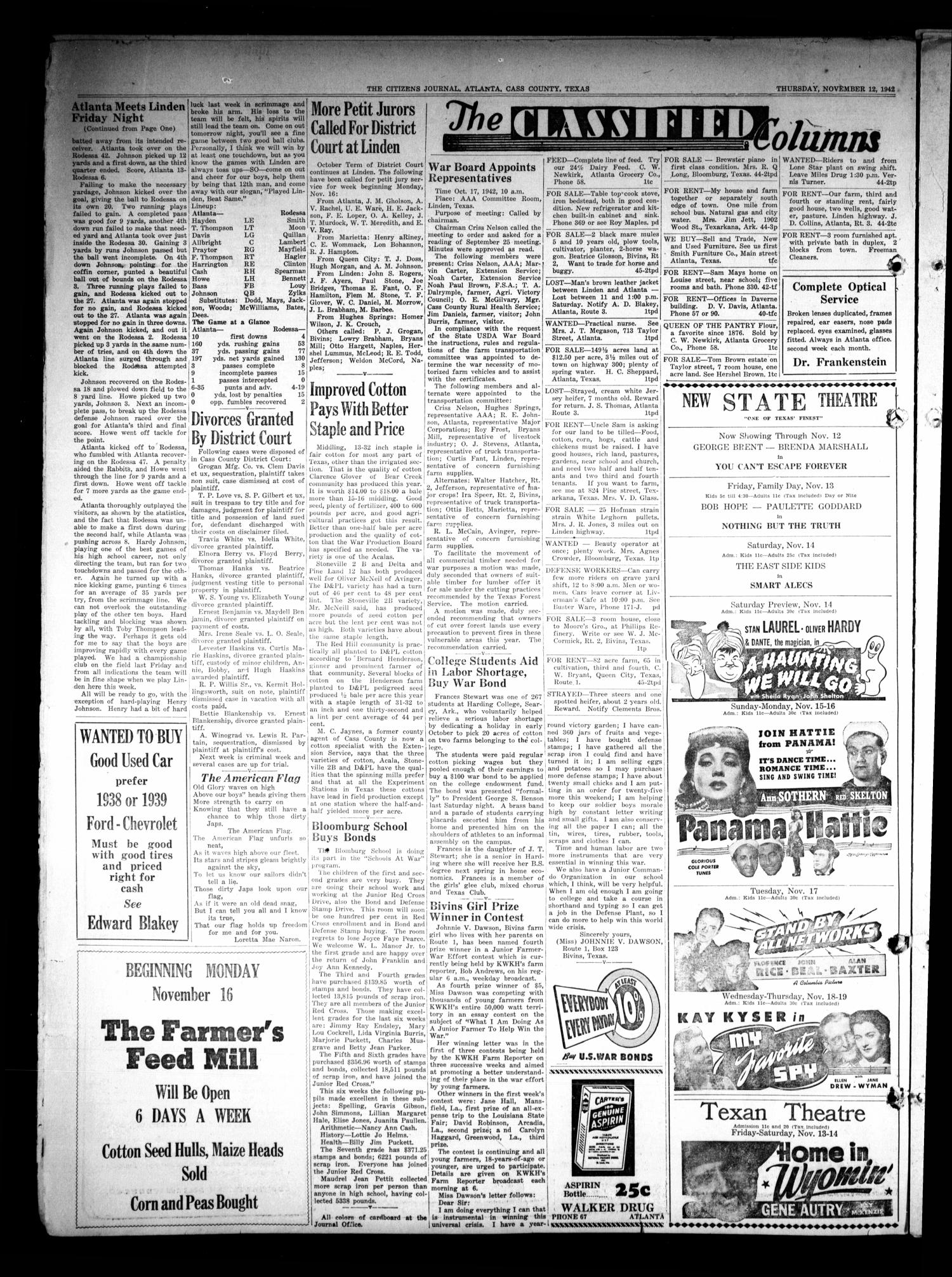 The Citizens Journal (Atlanta, Tex.), Vol. 63, No. 45, Ed. 1 Thursday, November 12, 1942
                                                
                                                    [Sequence #]: 8 of 8
                                                