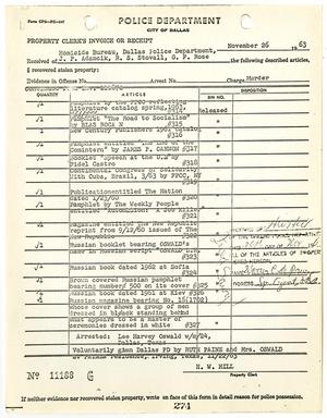 Primary view of [Property Clerk's Invoice or Receipt for property belonging to Lee Harvey Oswald, by H. W. Hill]