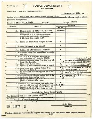 Primary view of object titled '[Property Clerk's Invoice or Receipt for property belonging to Lee Harvey Oswald, by H. W. Hill]'.