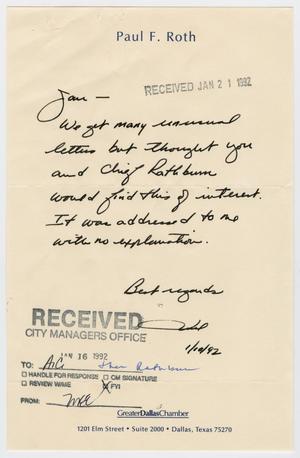 Primary view of object titled '[Note to Chief Rathburn from Paul F. Roth, January 10, 1992]'.