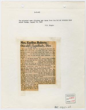 Primary view of object titled '[Newspaper Clipping: Mrs. Earline Roberts, Oswald's Landlady, Dies #2]'.