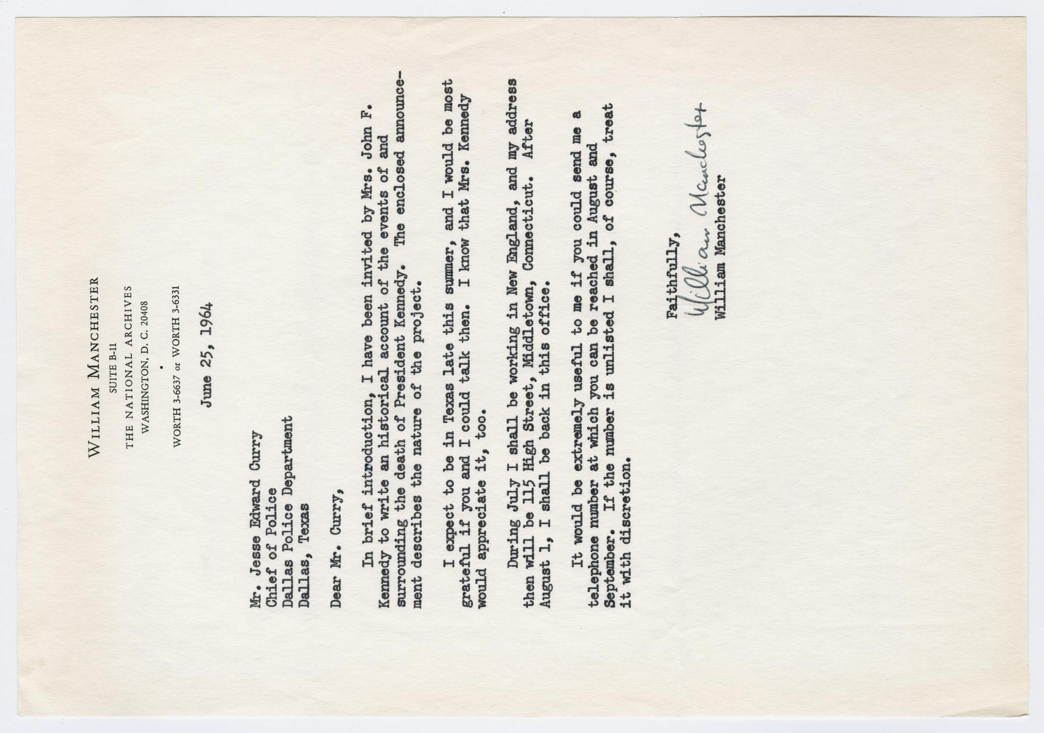 [Letter from William Manchester to J. E. Curry, June 25, 1964]
                                                
                                                    [Sequence #]: 1 of 2
                                                