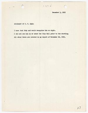 Primary view of object titled '[Statement by P. T. Dean, concerning the murder of Lee Harvey Oswald]'.