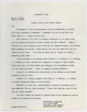 Primary view of object titled '[Report by Patrolman K. E. Lyon to Chief of Police J. E. Curry, December 4, 1963 #1]'.