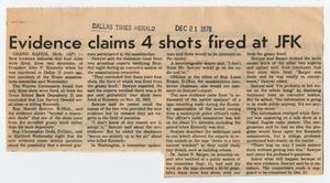 Primary view of object titled '[Newspaper Clipping: Evidence claims 4 shots fired at JFK]'.