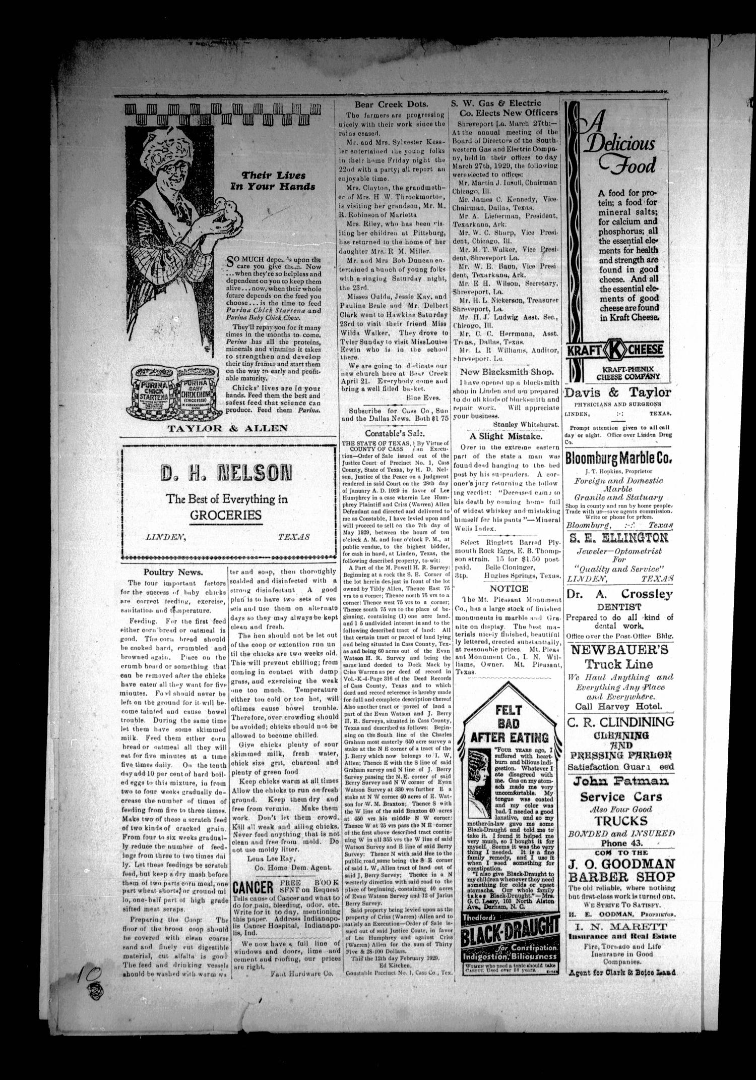 The Cass County Sun (Linden, Tex.), Vol. 54, No. 14, Ed. 1 Tuesday, April 2, 1929
                                                
                                                    [Sequence #]: 10 of 10
                                                