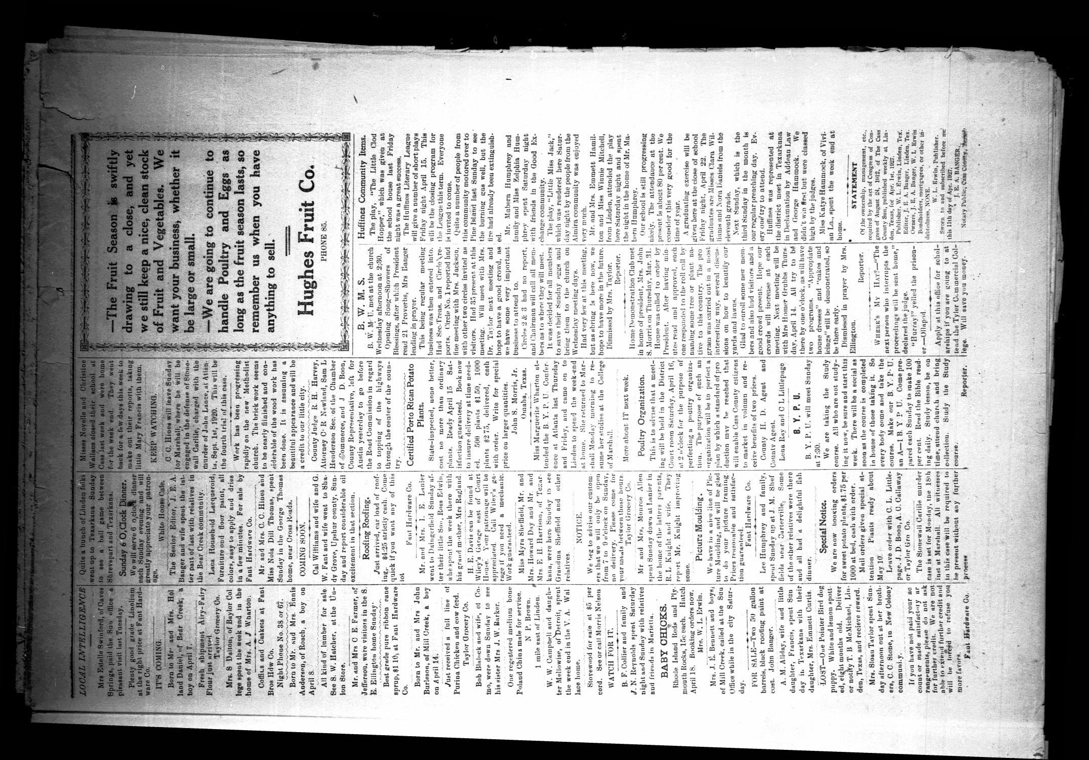 The Cass County Sun (Linden, Tex.), Vol. 52, No. 15, Ed. 1 Tuesday, April 12, 1927
                                                
                                                    [Sequence #]: 5 of 8
                                                