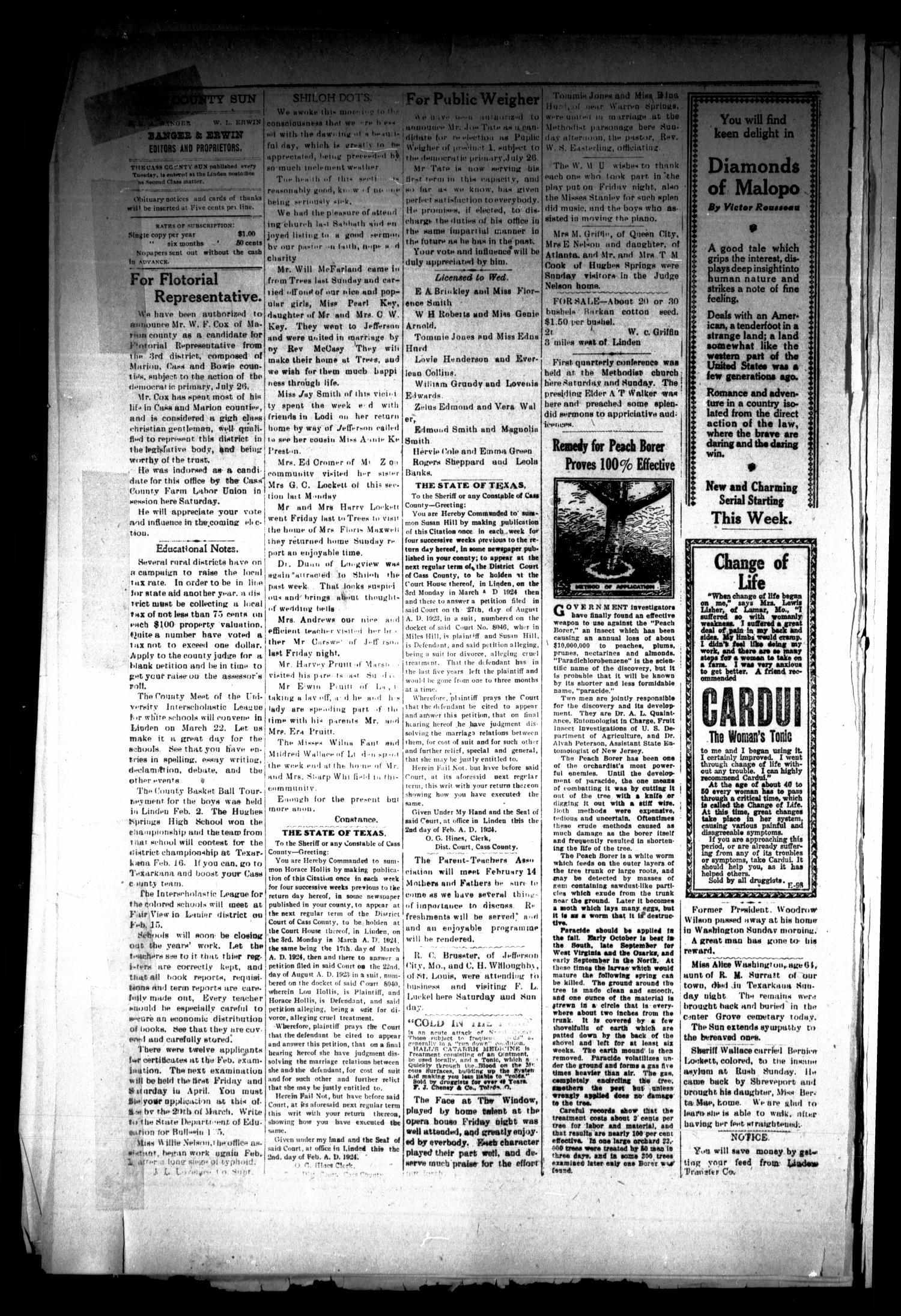 The Cass County Sun (Linden, Tex.), Vol. 49, No. 6, Ed. 1 Tuesday, February 5, 1924
                                                
                                                    [Sequence #]: 4 of 8
                                                