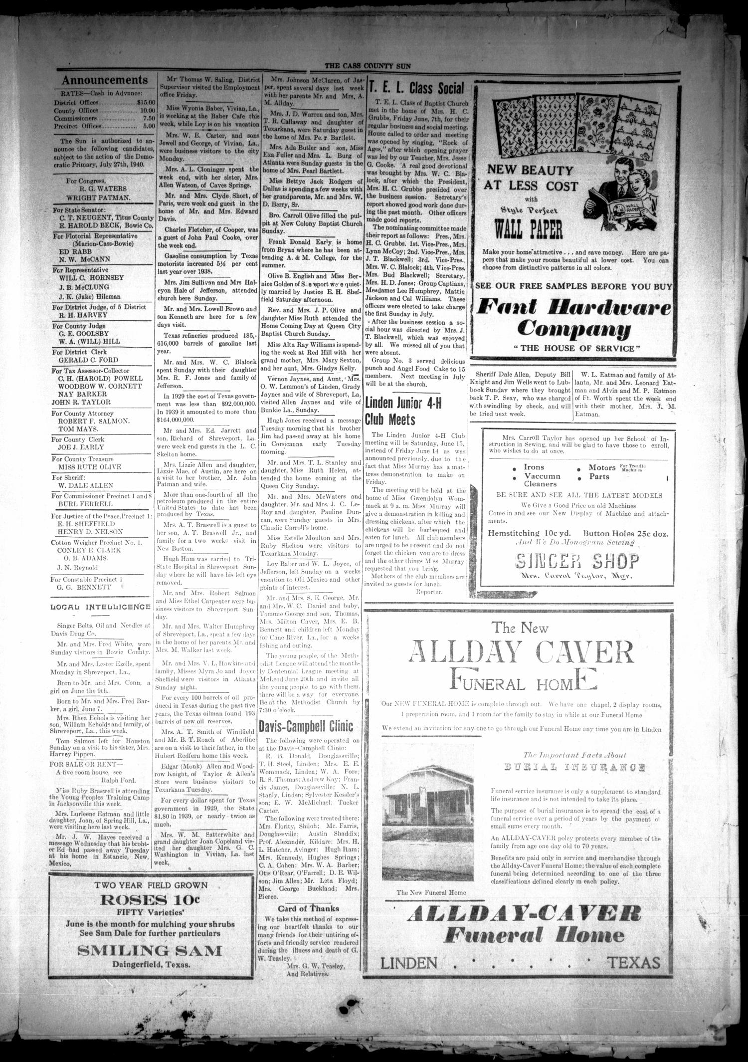 The Cass County Sun (Linden, Tex.), Vol. 64, No. 26, Ed. 1 Thursday, June 13, 1940
                                                
                                                    [Sequence #]: 5 of 8
                                                