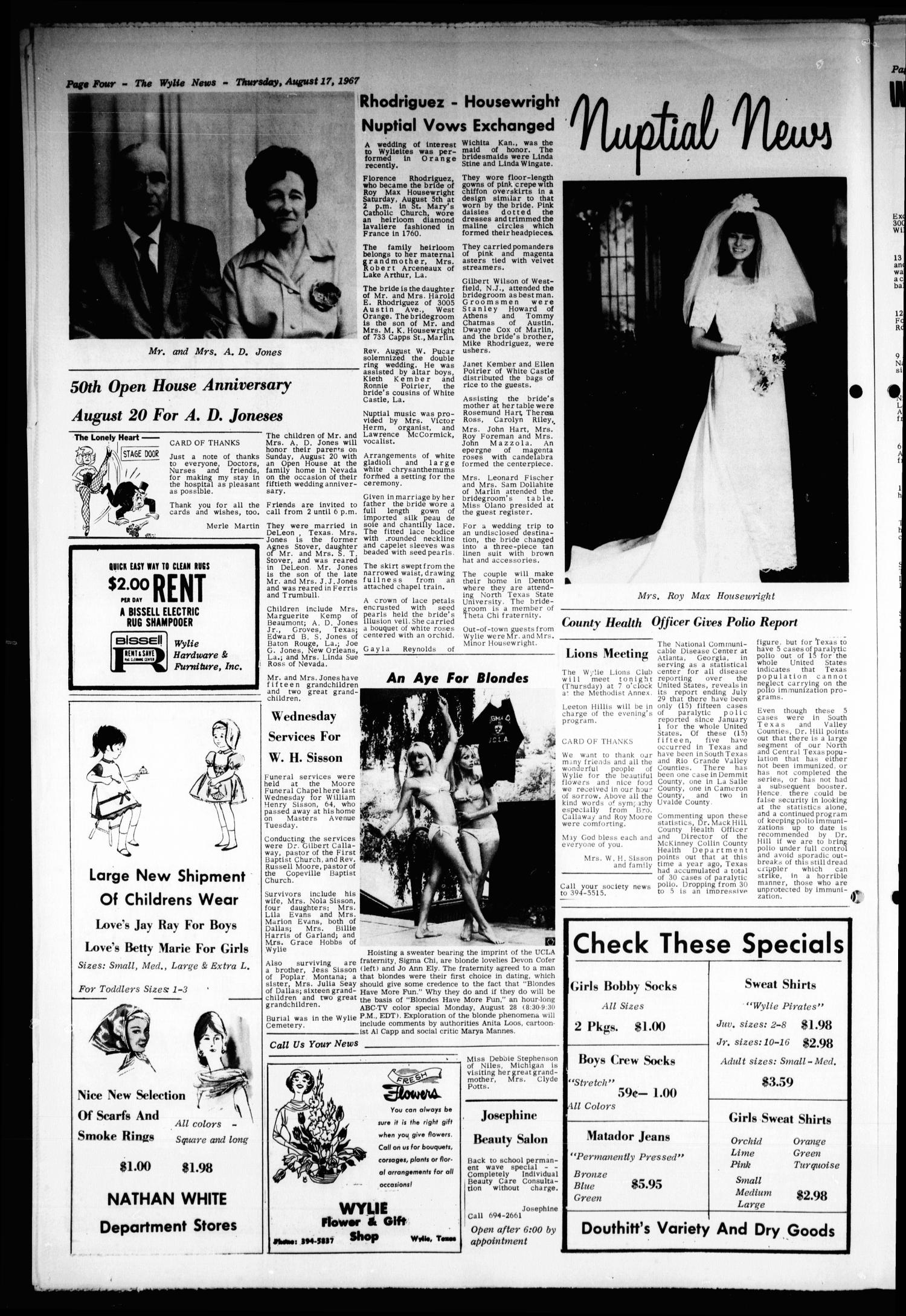 The Wylie News (Wylie, Tex.), Vol. 20, No. 12, Ed. 1 Thursday, August 17, 1967
                                                
                                                    [Sequence #]: 4 of 8
                                                