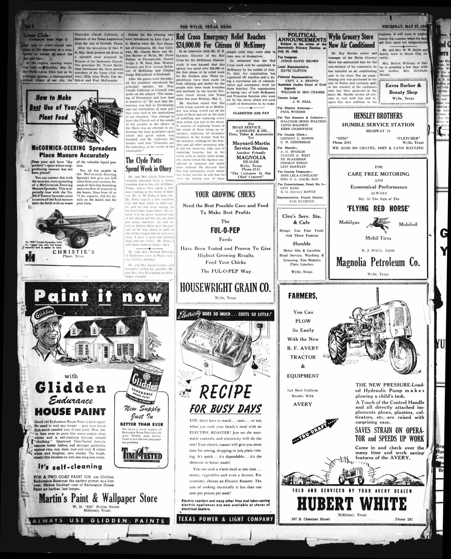 The Wylie News (Wylie, Tex.), Vol. 1, No. [11], Ed. 1 Thursday, May 27, 1948
                                                
                                                    [Sequence #]: 4 of 6
                                                