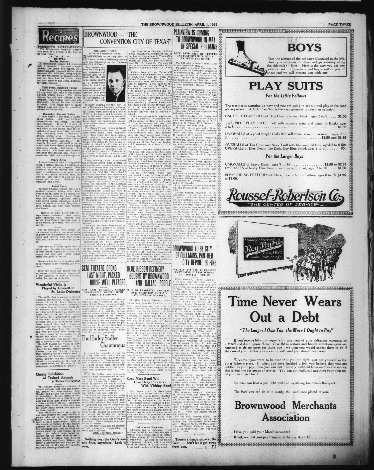 Brownwood Bulletin (Brownwood, Tex.), Vol. 24, No. 144, Ed. 1 Tuesday, April 1, 1924
                                                
                                                    [Sequence #]: 3 of 8
                                                