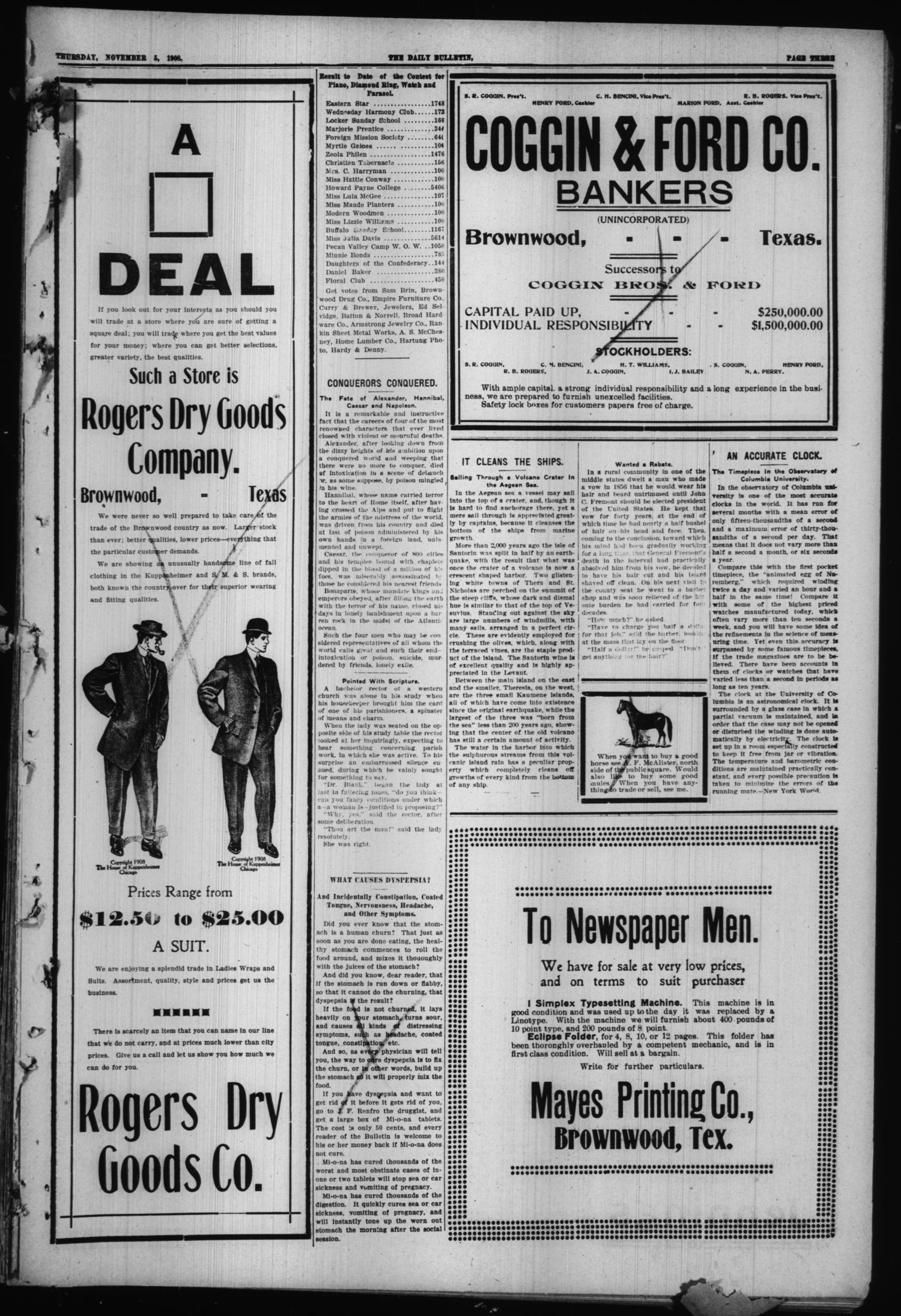 Daily Bulletin. (Brownwood, Tex.), Vol. 9, No. 19, Ed. 1 Thursday, November 5, 1908
                                                
                                                    [Sequence #]: 3 of 8
                                                