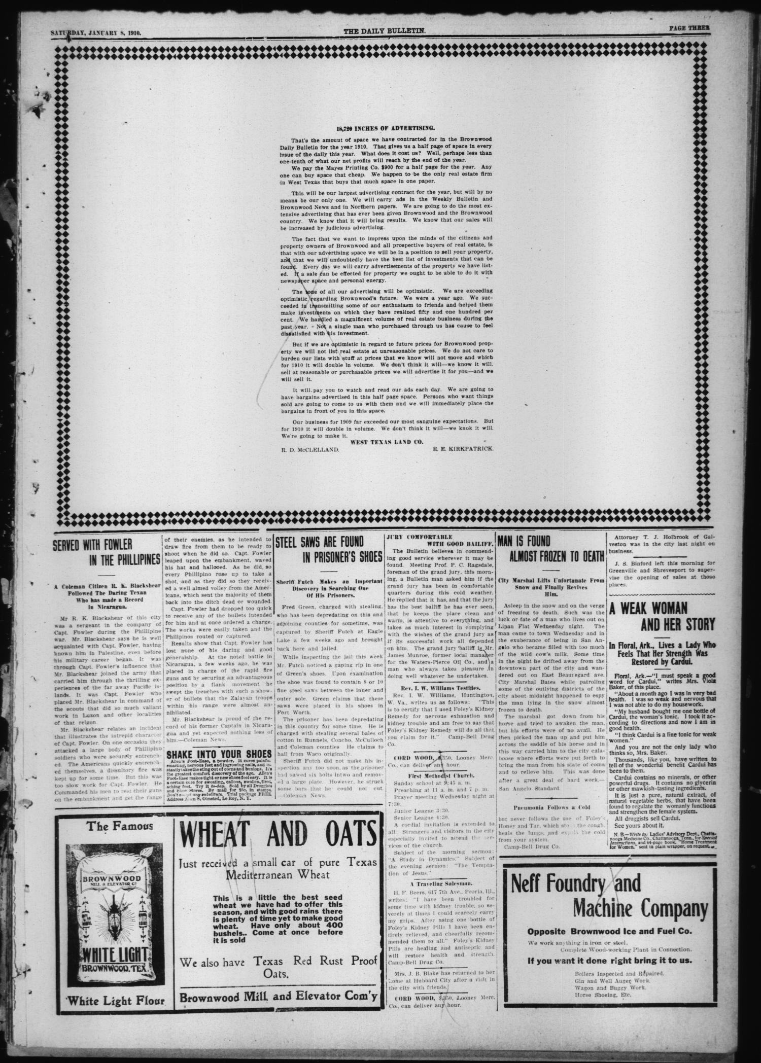 Daily Bulletin. (Brownwood, Tex.), Vol. 10, No. 71, Ed. 1 Saturday, January 8, 1910
                                                
                                                    [Sequence #]: 3 of 7
                                                