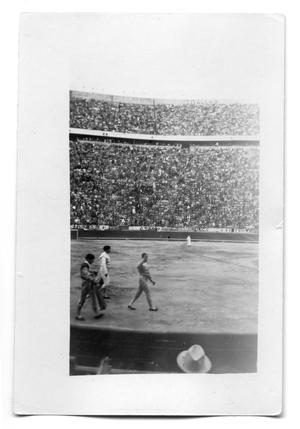 Primary view of object titled 'Bull fighters walking in an arena'.
