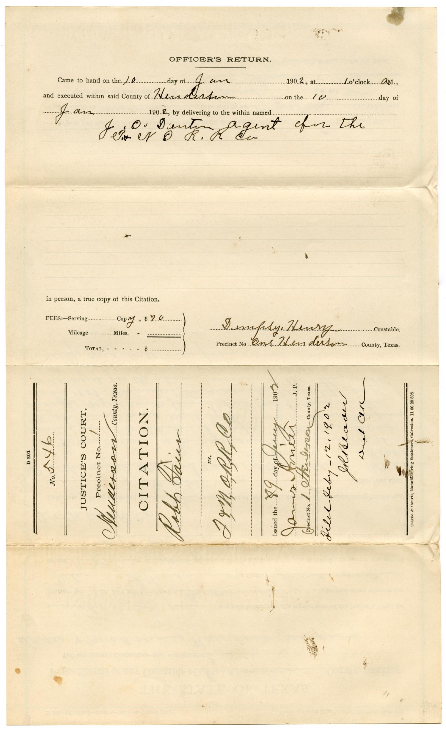 Documents pertaining to the case of Robert Fain vs. Texas & New Orleans Railroad Company, cause no. 546, 1902
                                                
                                                    [Sequence #]: 13 of 15
                                                