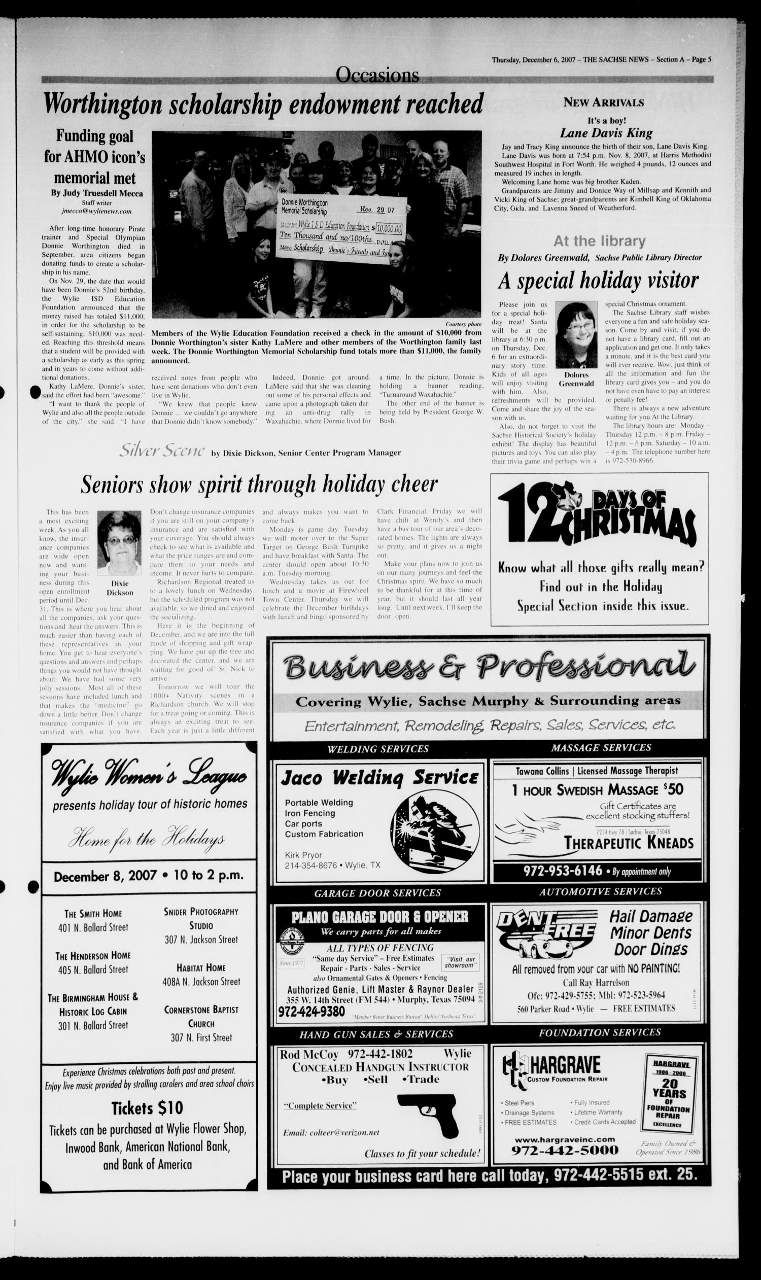 The Sachse News (Sachse, Tex.), Vol. 3, No. 45, Ed. 1 Thursday, December 6, 2007
                                                
                                                    [Sequence #]: 5 of 32
                                                