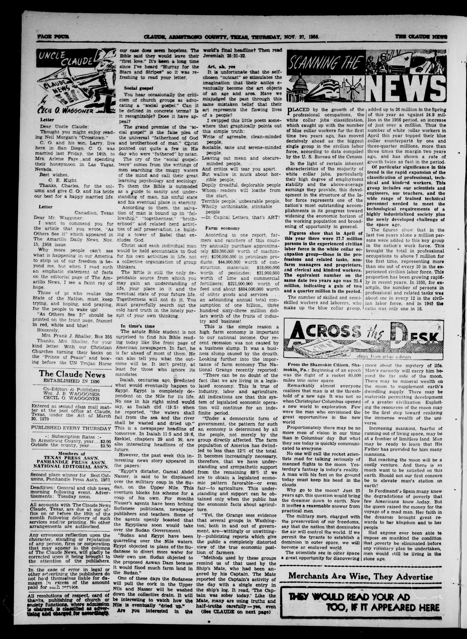 Claude News (Claude, Tex.), Vol. 69, No. 14, Ed. 1 Thursday, November 27, 1958
                                                
                                                    [Sequence #]: 4 of 16
                                                