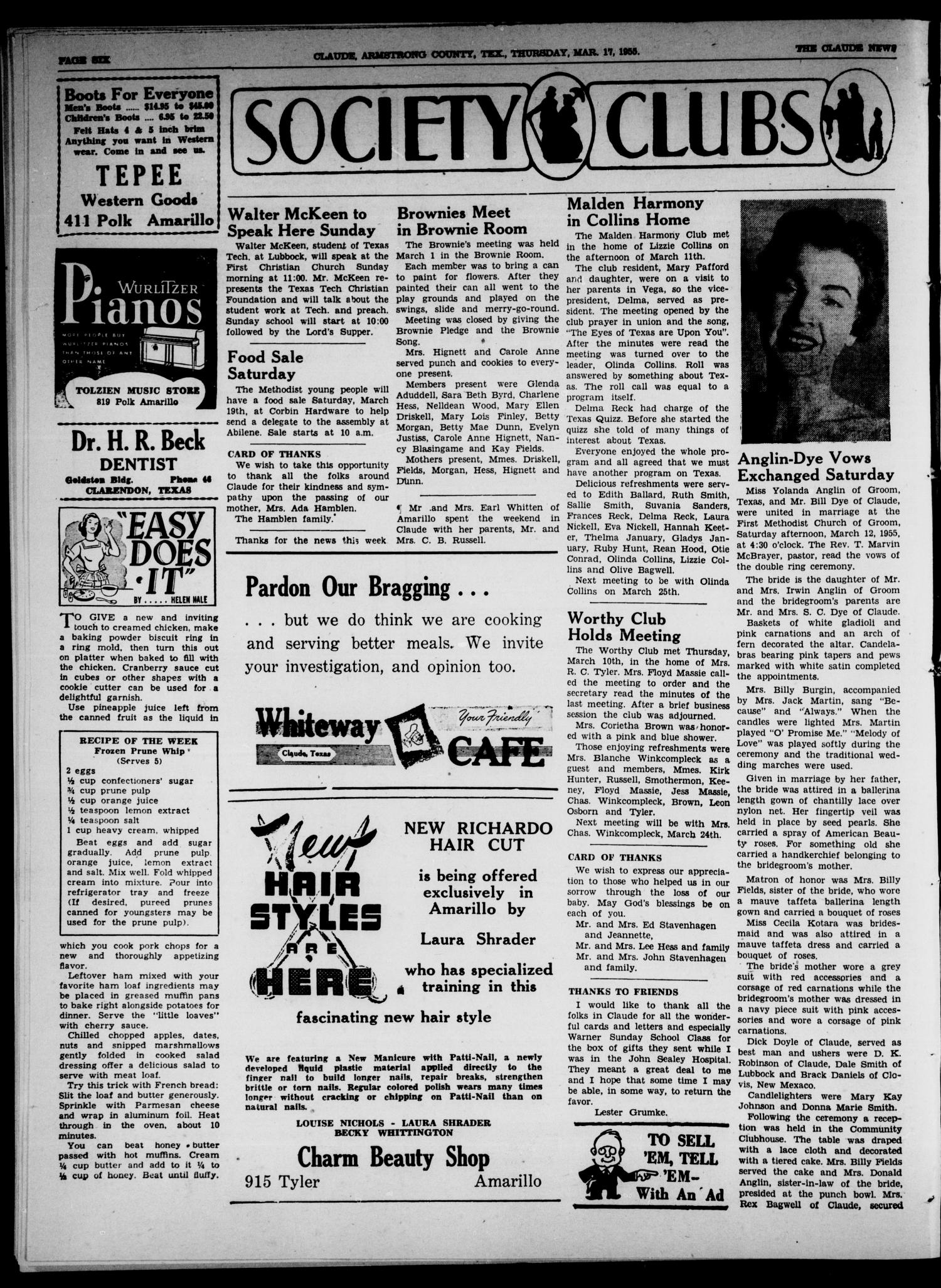 Claude News (Claude, Tex.), Vol. 65, No. 29, Ed. 1 Thursday, March 17, 1955
                                                
                                                    [Sequence #]: 6 of 16
                                                