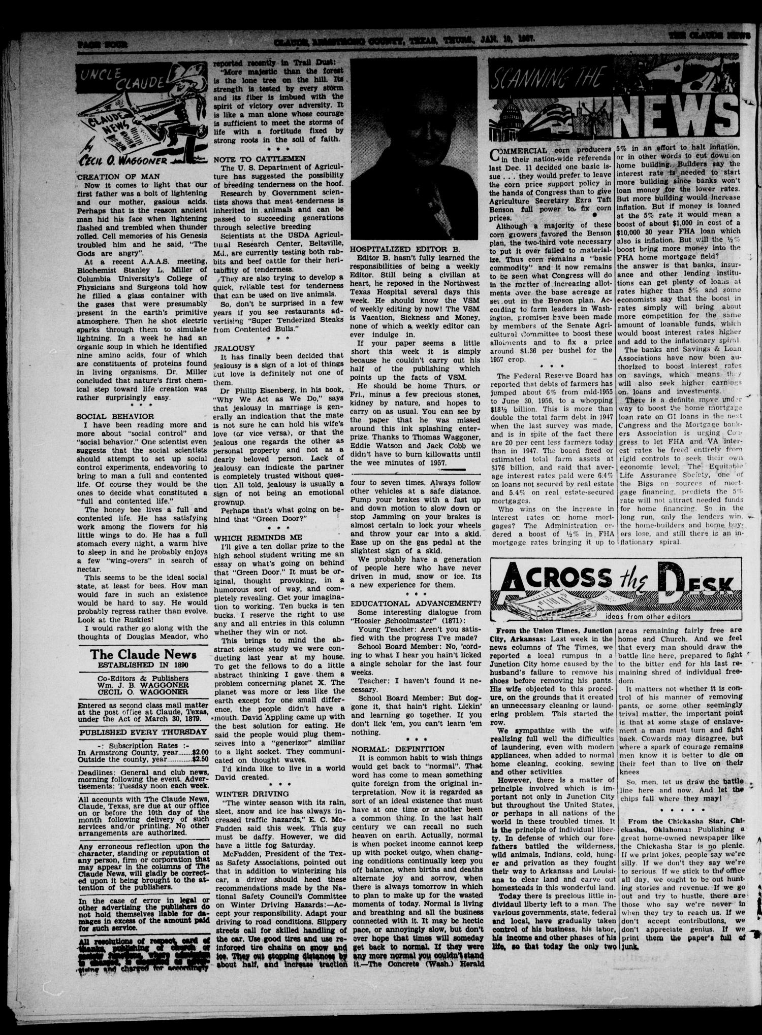Claude News (Claude, Tex.), Vol. 67, No. 20, Ed. 1 Thursday, January 10, 1957
                                                
                                                    [Sequence #]: 4 of 16
                                                