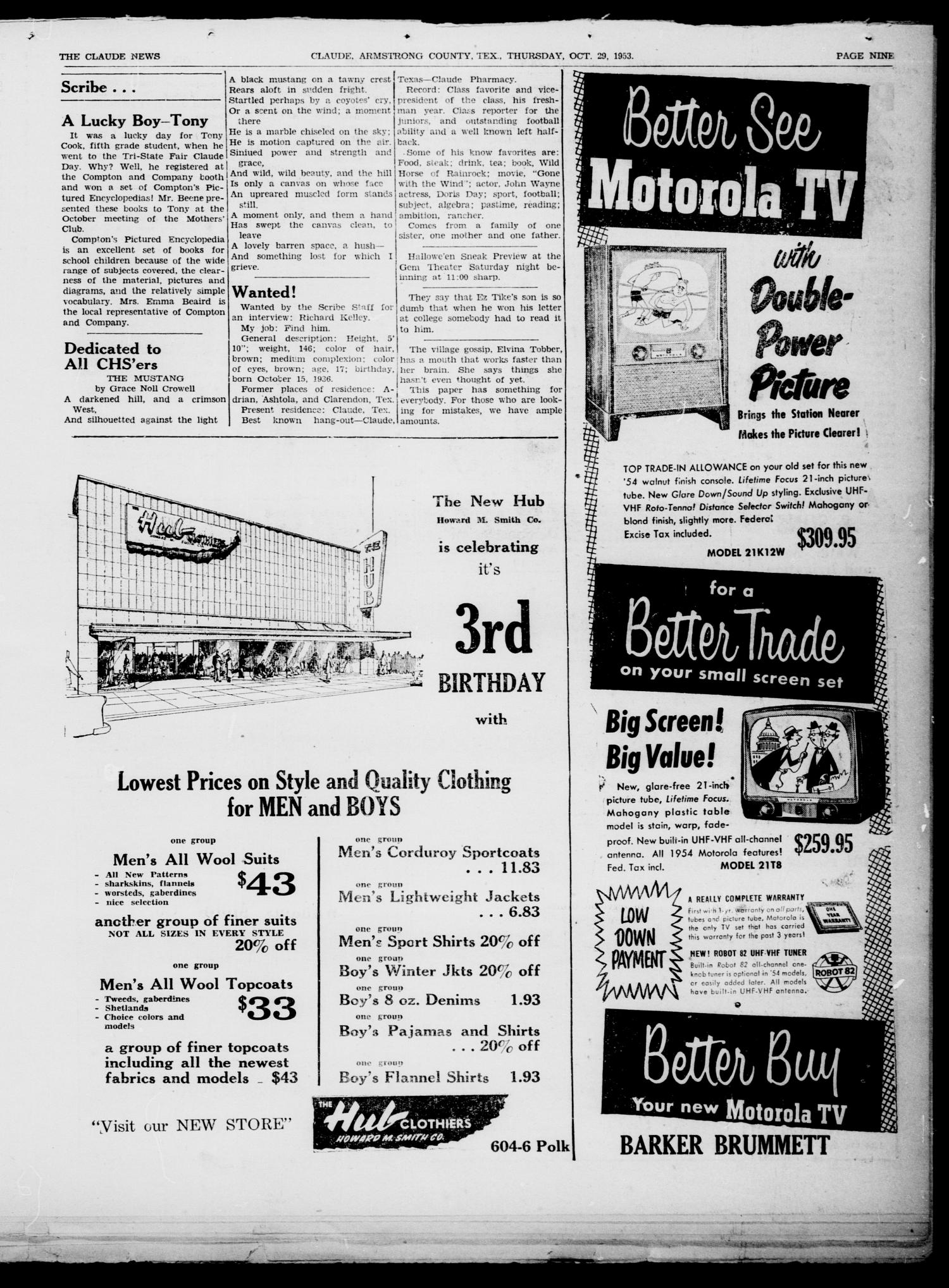 Claude News (Claude, Tex.), Vol. 64, No. [9], Ed. 1 Thursday, October 29, 1953
                                                
                                                    [Sequence #]: 9 of 16
                                                