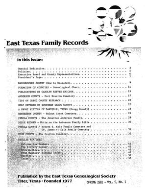 Primary view of object titled 'East Texas Family Records, Volume 5, Number 1, Spring 1981'.