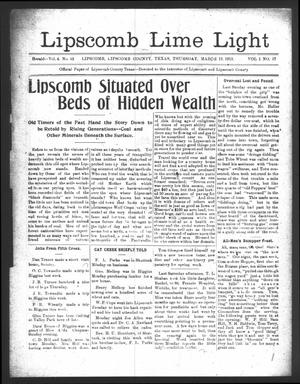 Primary view of object titled 'Lipscomb Lime Light (Lipscomb, Tex.), Vol. 1, No. 17, Ed. 1 Thursday, March 13, 1913'.