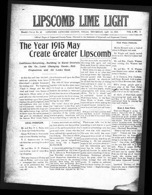 Primary view of object titled 'Lipscomb Lime Light (Lipscomb, Tex.), Vol. 3, No. 9, Ed. 1 Thursday, January 14, 1915'.